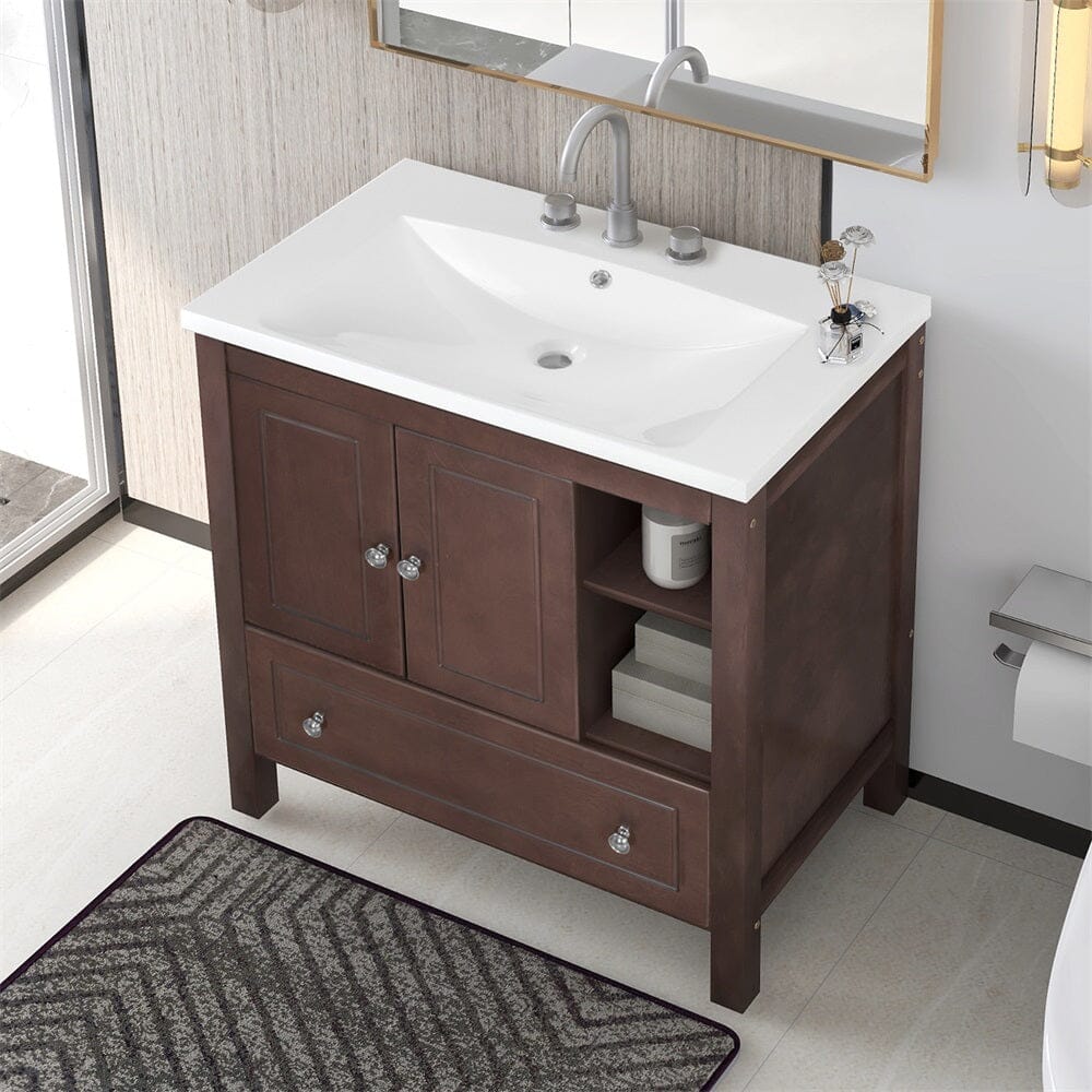 Giving Tree 30" Bathroom Vanity with Sink, Bathroom Storage Cabinet with Doors and Drawers, Solid Wood Frame, Ceramic Sink, Brown - Image 2