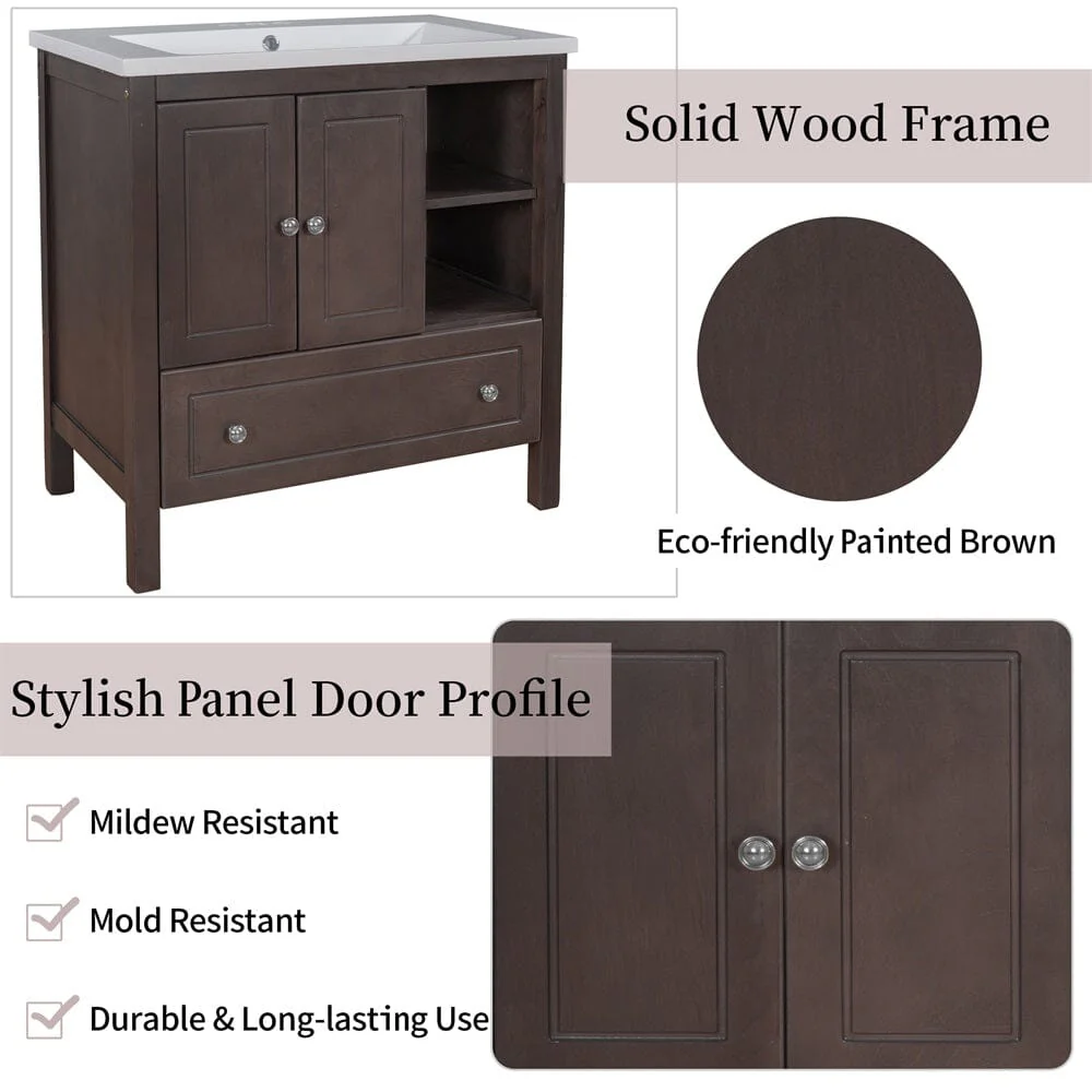 Giving Tree 30" Bathroom Vanity with Sink, Bathroom Storage Cabinet with Doors and Drawers, Solid Wood Frame, Ceramic Sink, Brown - Image 3