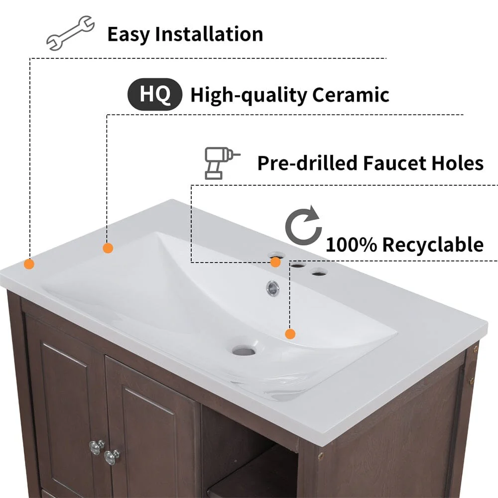 Giving Tree 30" Bathroom Vanity with Sink, Bathroom Storage Cabinet with Doors and Drawers, Solid Wood Frame, Ceramic Sink, Brown - Image 4