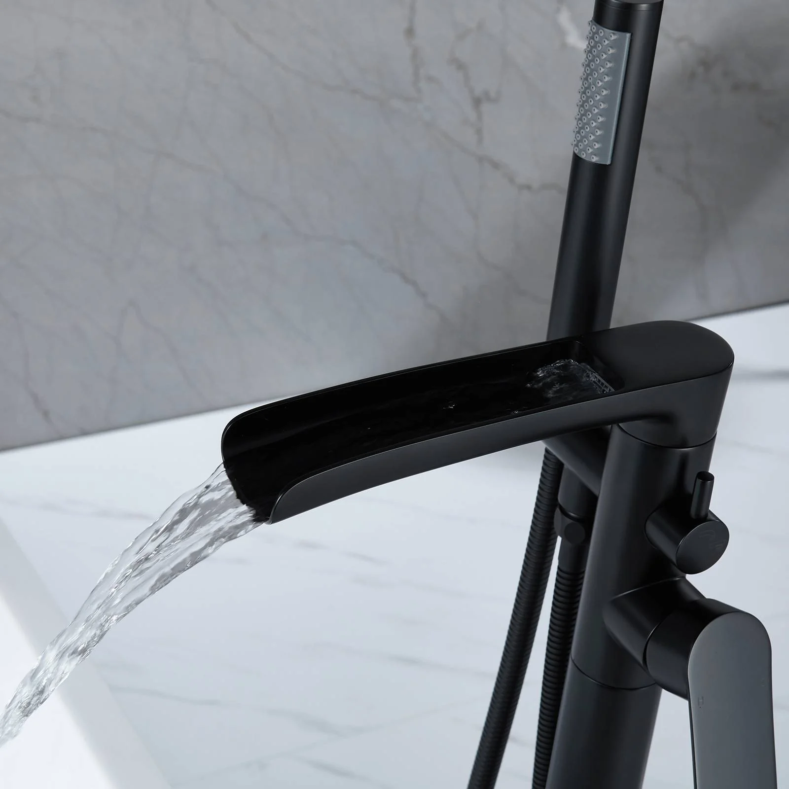 30 Inch Sleek Cylinder Matte Black Freestanding Tub Filler Faucet Complete with Hand Shower - Image 2