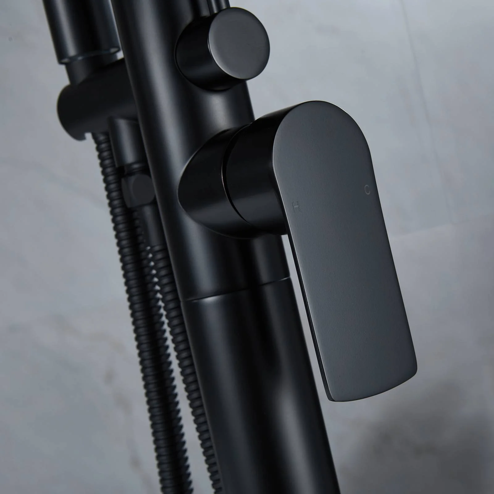 30 Inch Sleek Cylinder Matte Black Freestanding Tub Filler Faucet Complete with Hand Shower - Image 3