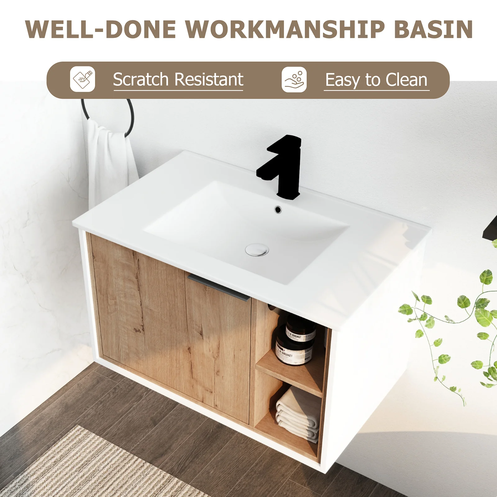 30'' Floating Wall-Mounted Bathroom Vanity with Ceramics Sink and Soft-Close Cabinet Door - Image 8