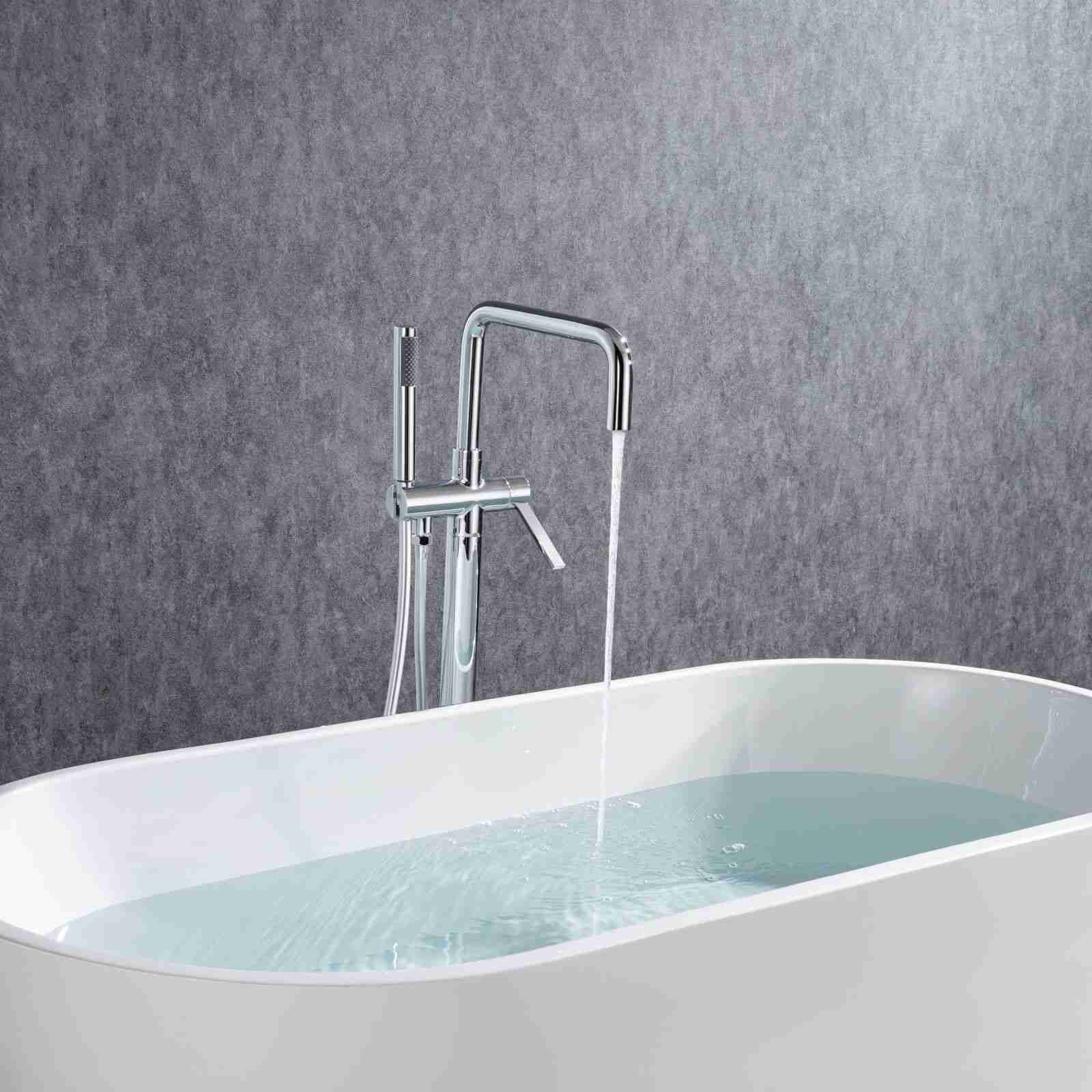Single Handle Brass Freestanding Tub Faucet with Handheld Spray Swivel Right Angle Spout - Image 10