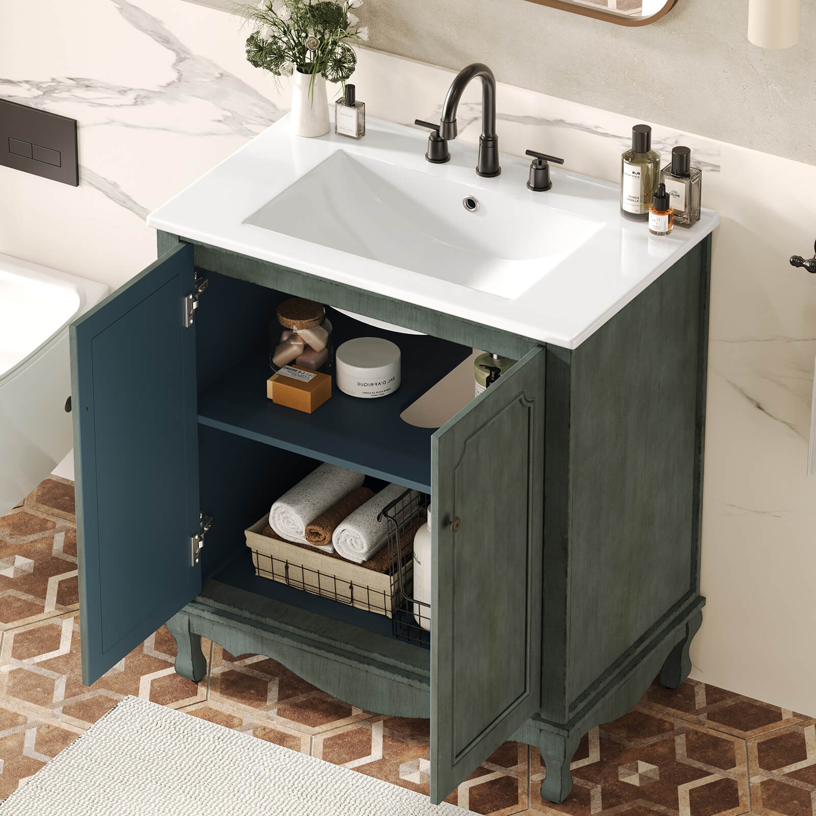 30" Antique Green Bathroom Vanity with Adjustable Shelves - Image 2