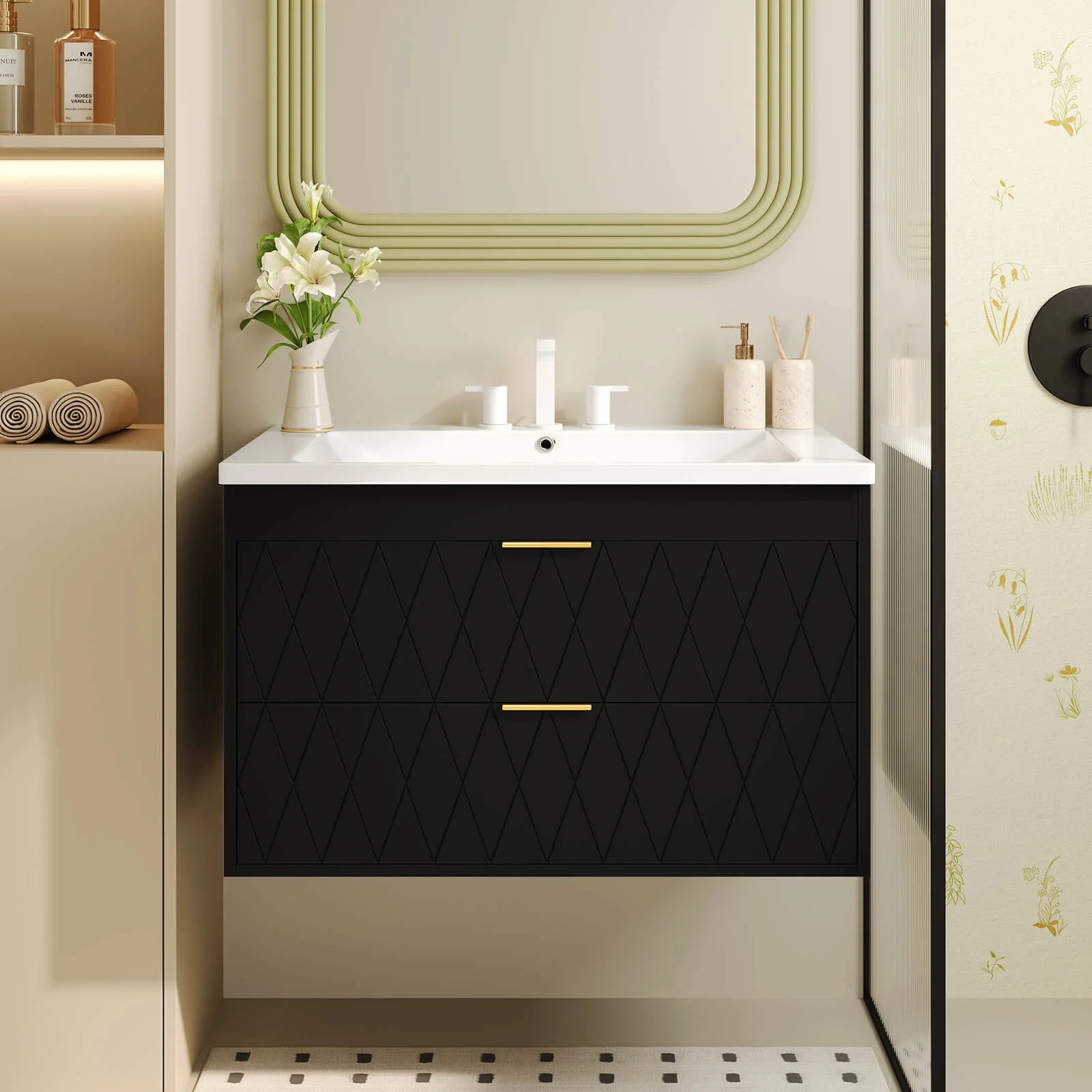 30" Black Bathroom Vanity with Gold Hardware