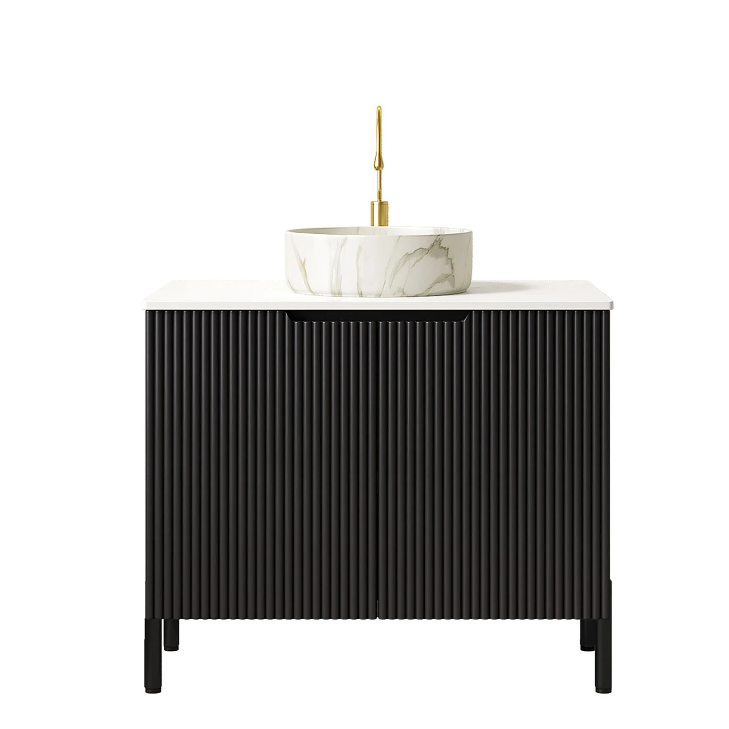 30" Black Freestanding Vanity with Stone-Patterned Vessel Sink - Image 4