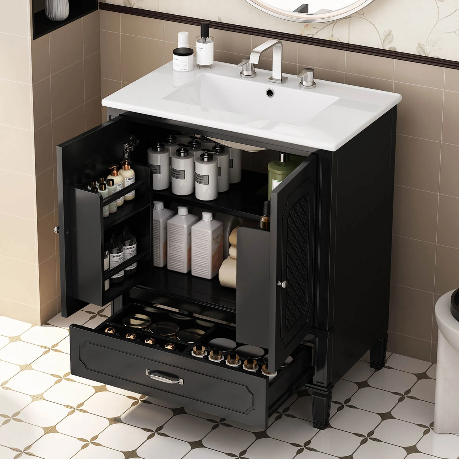 30" Black Vintage Freestanding Bathroom Vanity - Image 2
