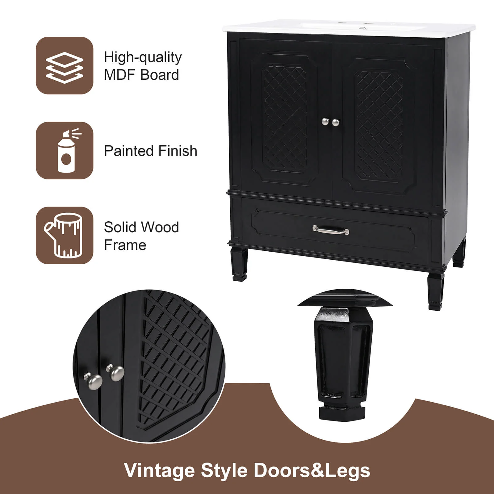 30" Black Vintage Freestanding Bathroom Vanity - Image 4