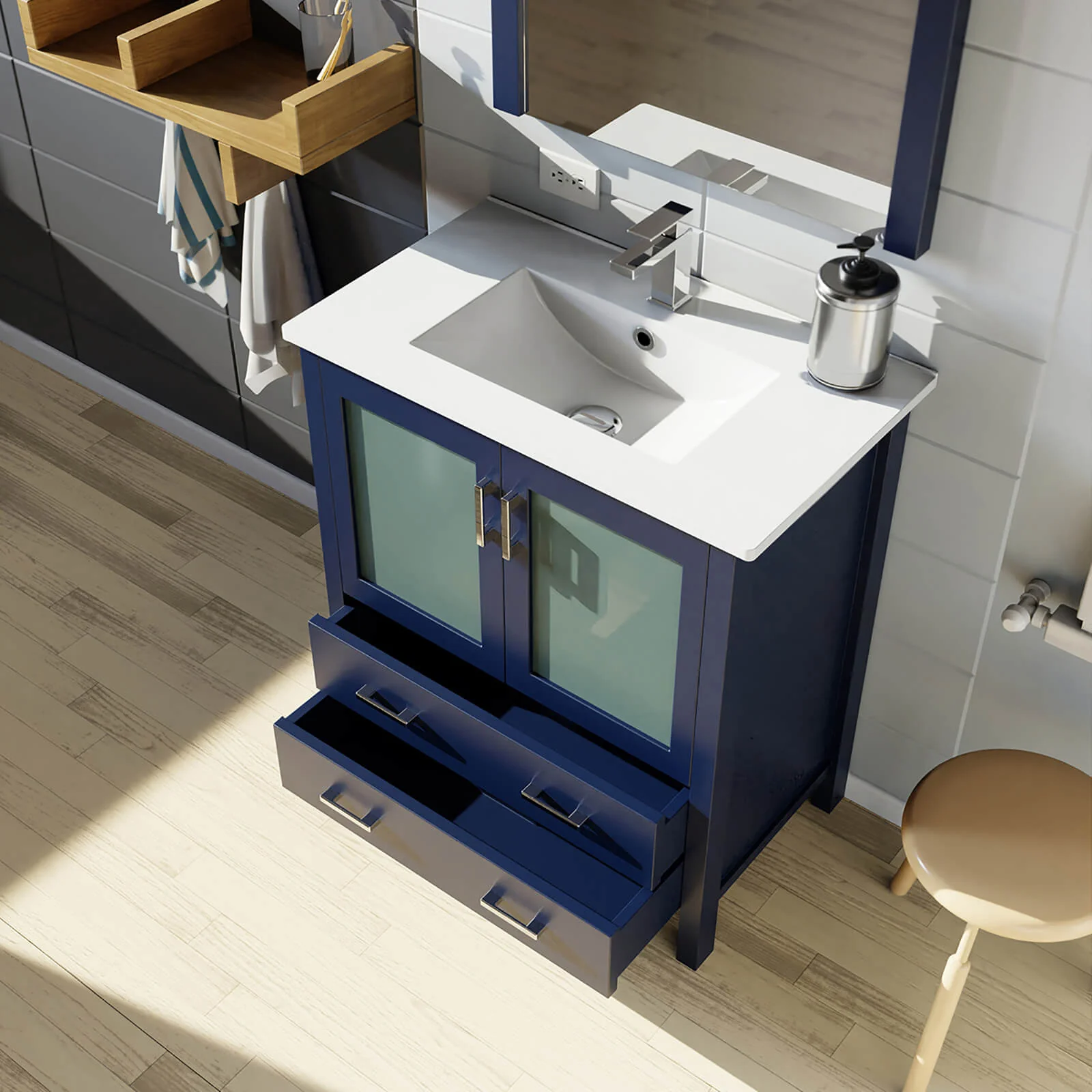 30" Blue Bathroom Vanity with Bottom Drawer and Glass Doors - Image 2