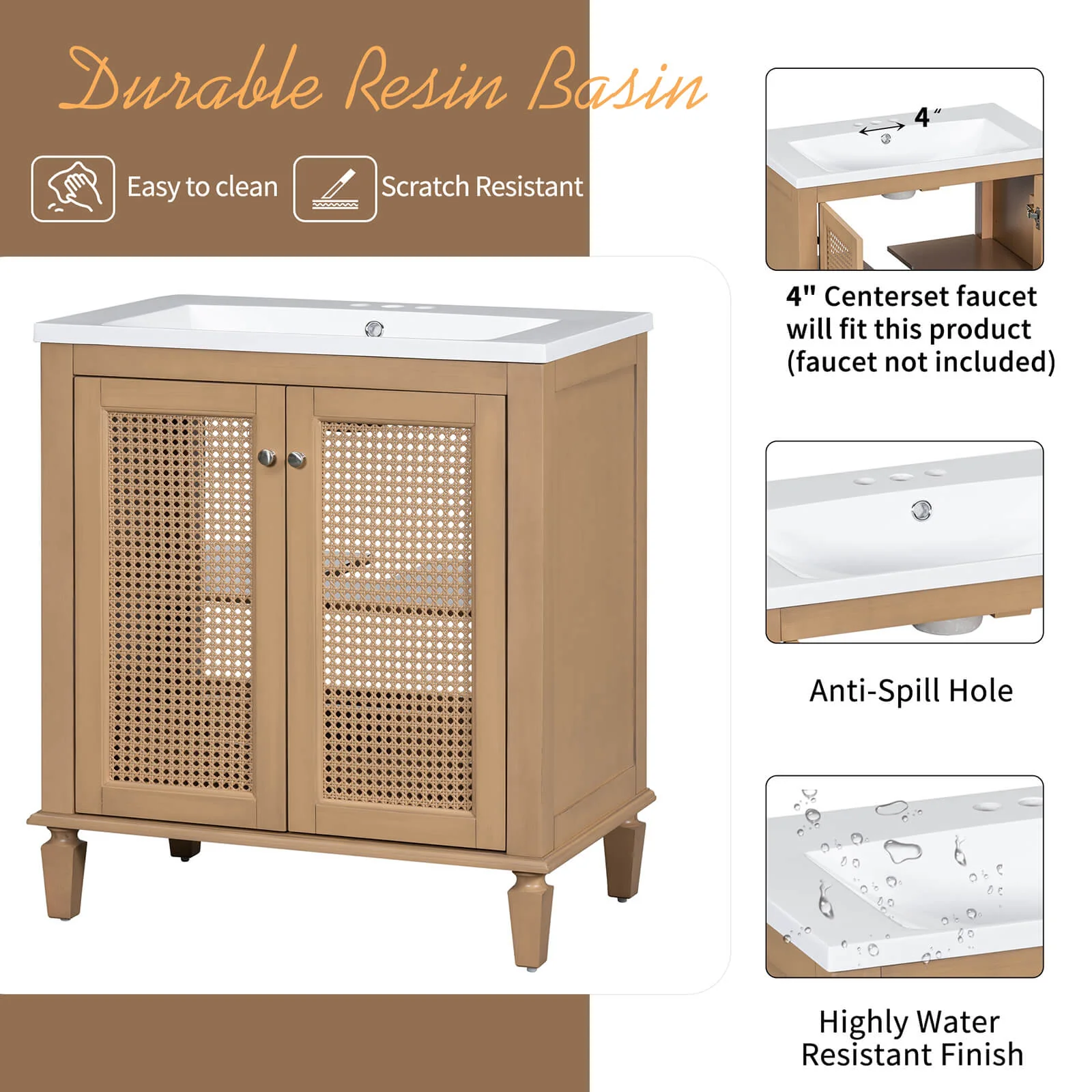 30" Freestanding Bathroom Vanity with Rattan Door - Image 5