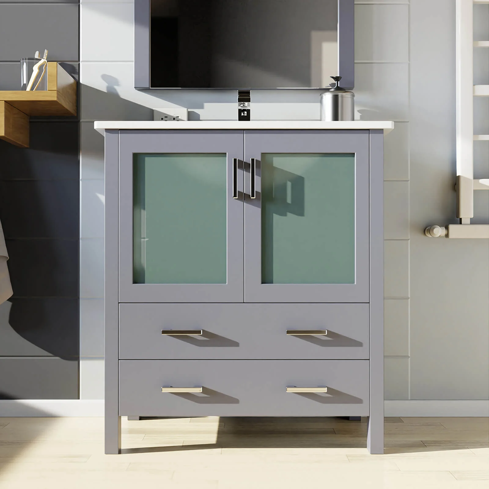 30" Gray Bathroom Vanity with Bottom Drawer and Glass Doors