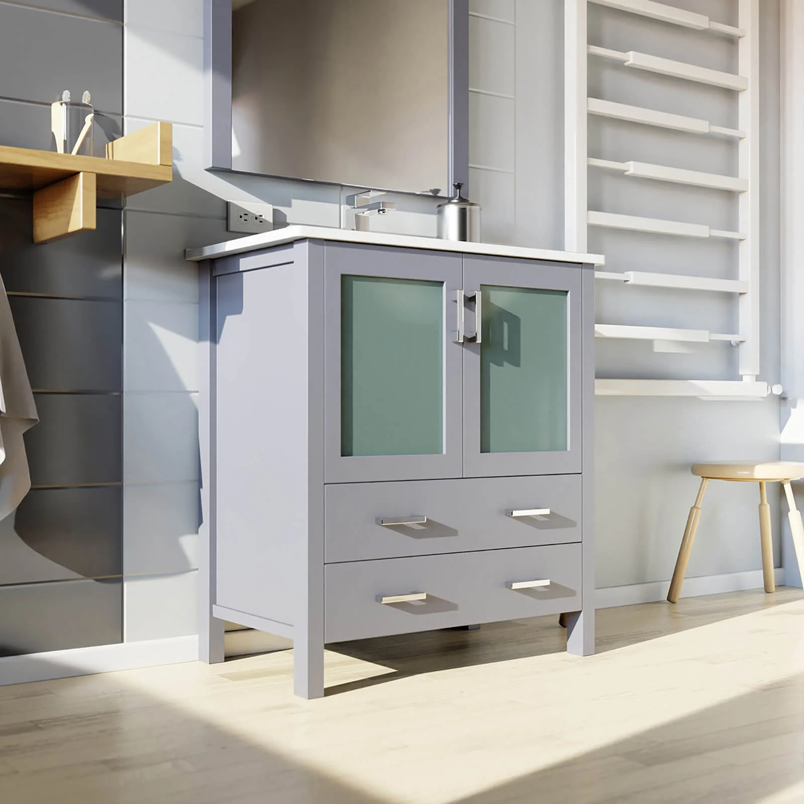 30" Gray Bathroom Vanity with Bottom Drawer and Glass Doors - Image 3