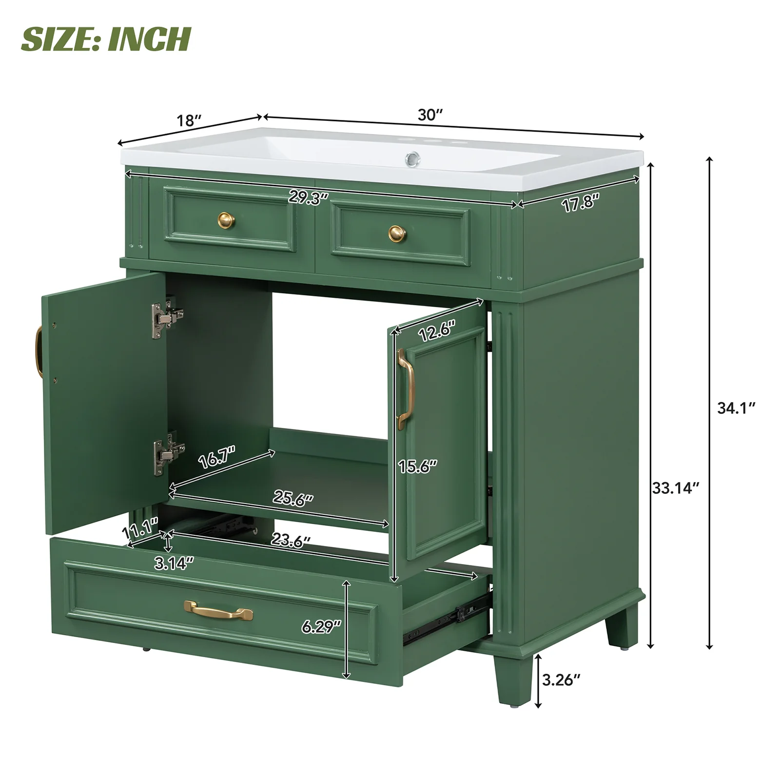 30" Green Single Sink Bathroom Vanity with Bottom Drawer - Image 11