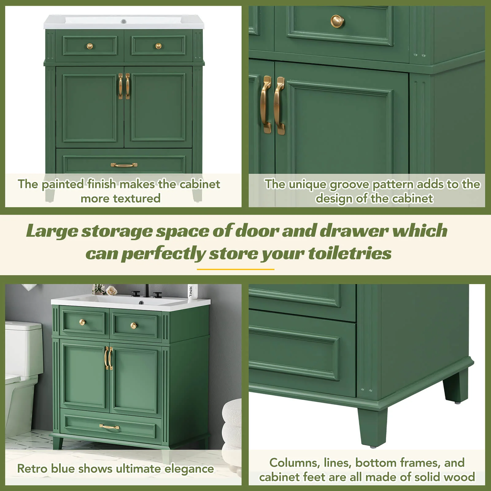 30" Green Single Sink Bathroom Vanity with Bottom Drawer - Image 3