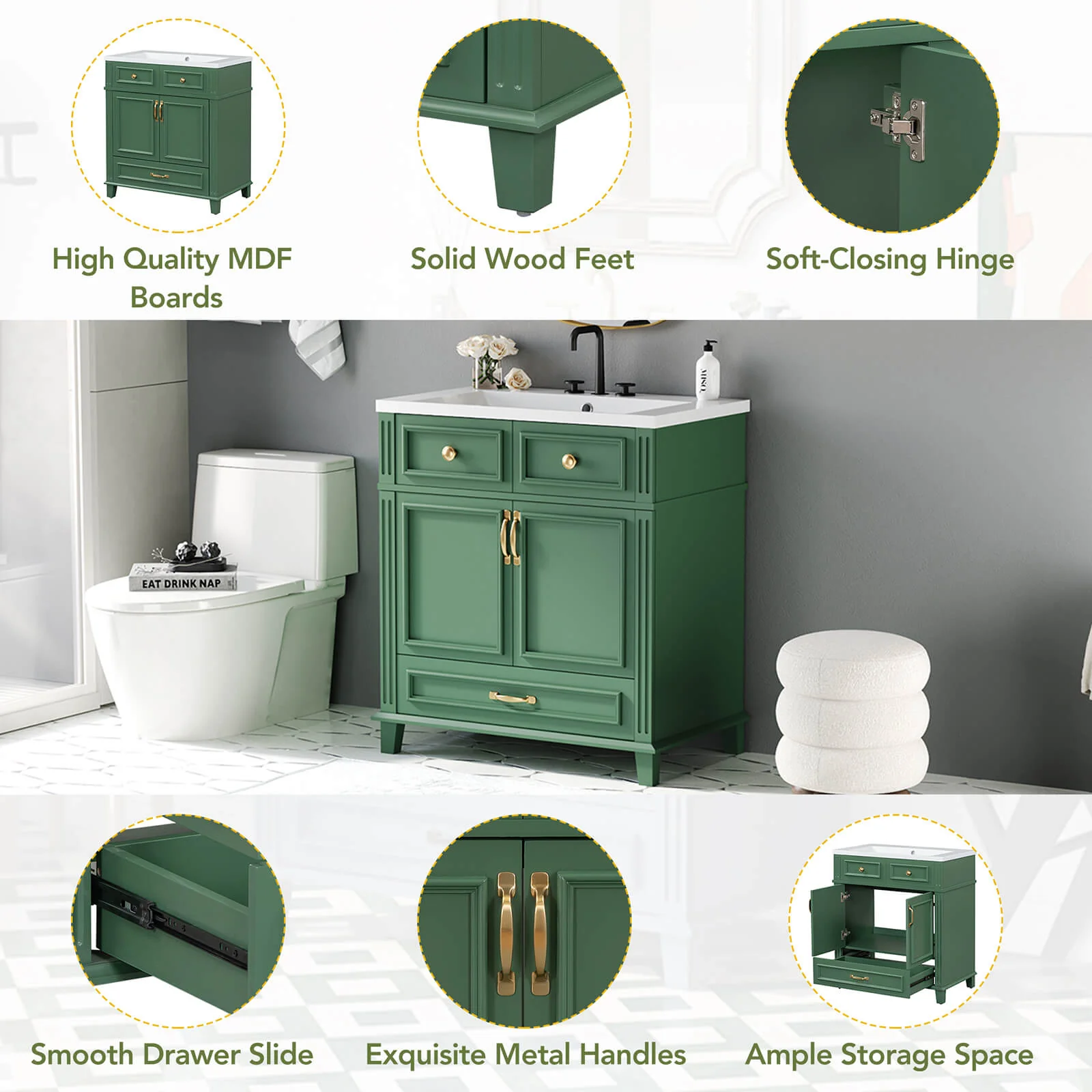 30" Green Single Sink Bathroom Vanity with Bottom Drawer - Image 4