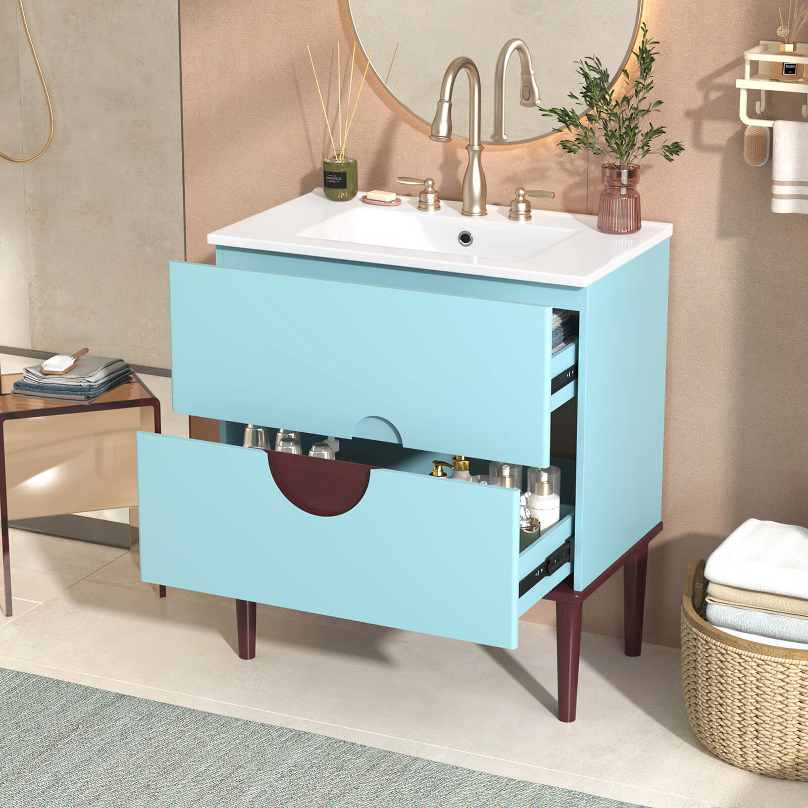 30" Vermilion Red and Sky Blue Bathroom Vanity - Image 2