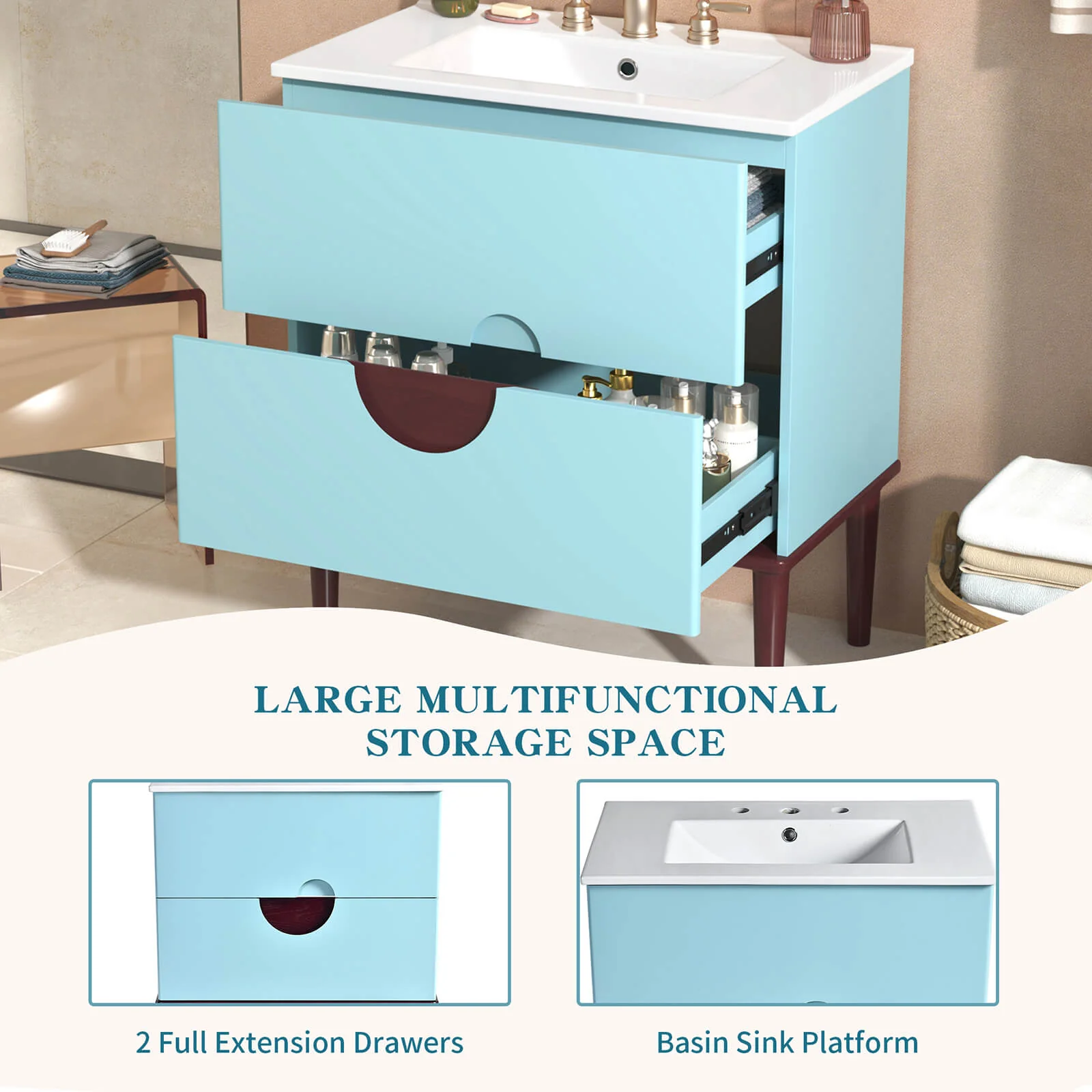 30" Vermilion Red and Sky Blue Bathroom Vanity - Image 4