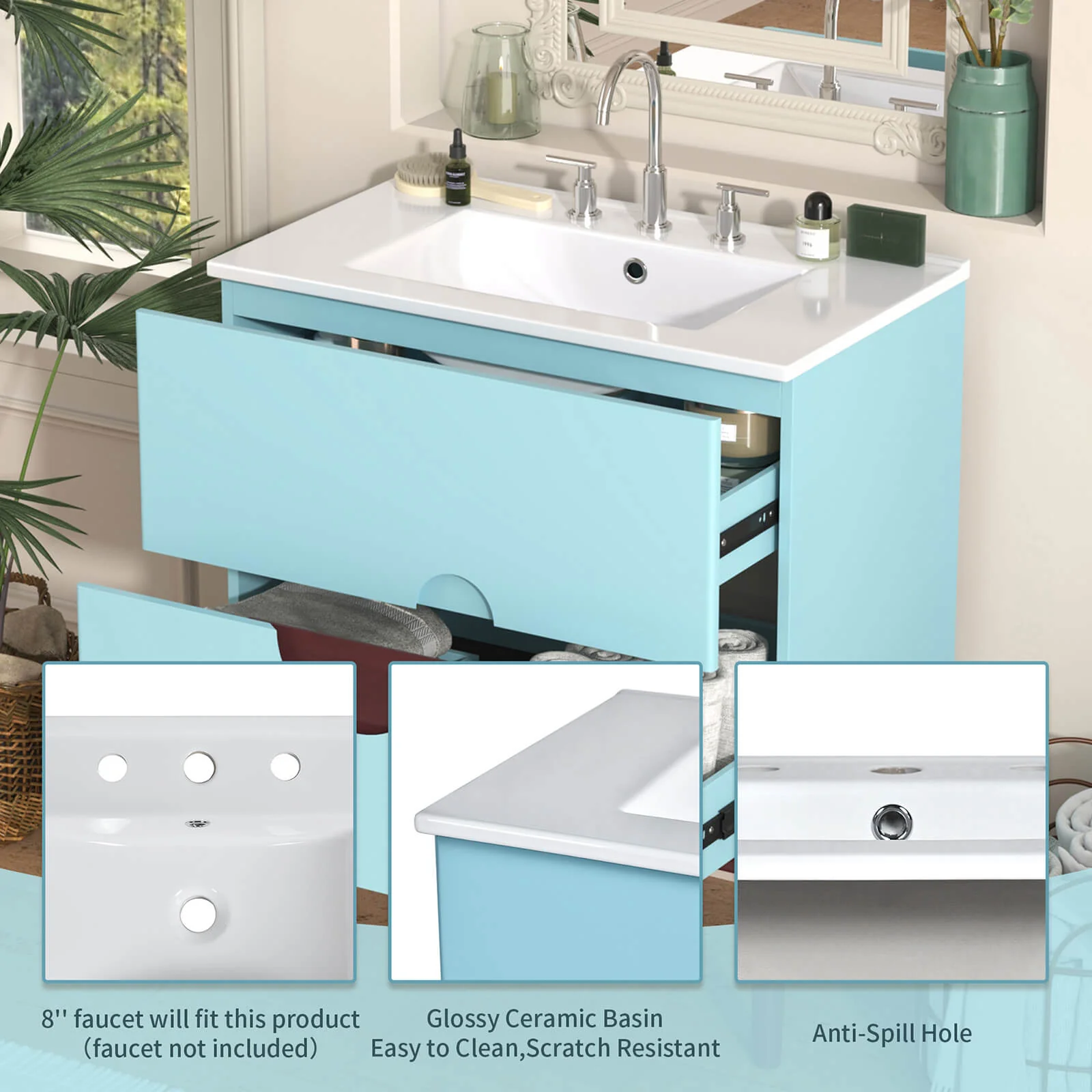 30" Vermilion Red and Sky Blue Bathroom Vanity - Image 5