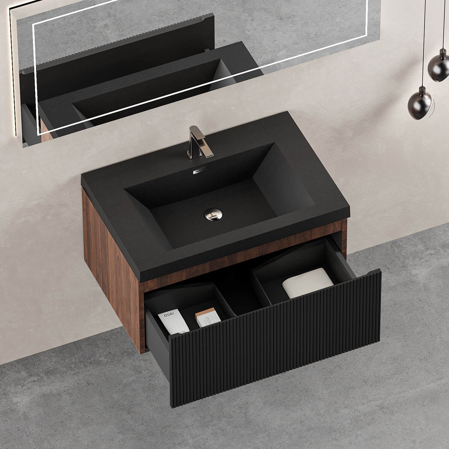 30" Walnut & Black Fluted Design Floating Vanity with Single-Hole Quartz Sand Sink - Image 4