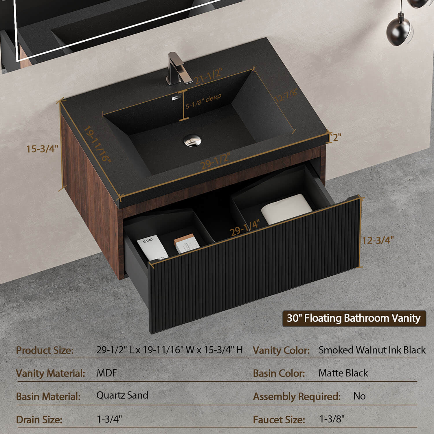 30" Walnut & Black Fluted Design Floating Vanity with Single-Hole Quartz Sand Sink - Image 5
