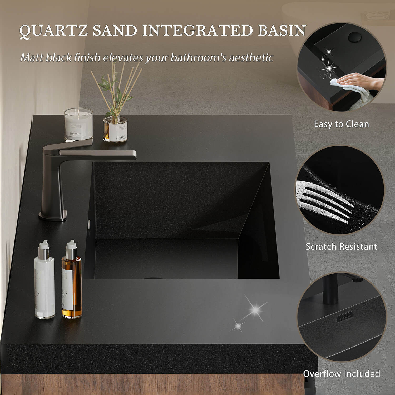 30" Walnut & Black Fluted Design Floating Vanity with Single-Hole Quartz Sand Sink - Image 6