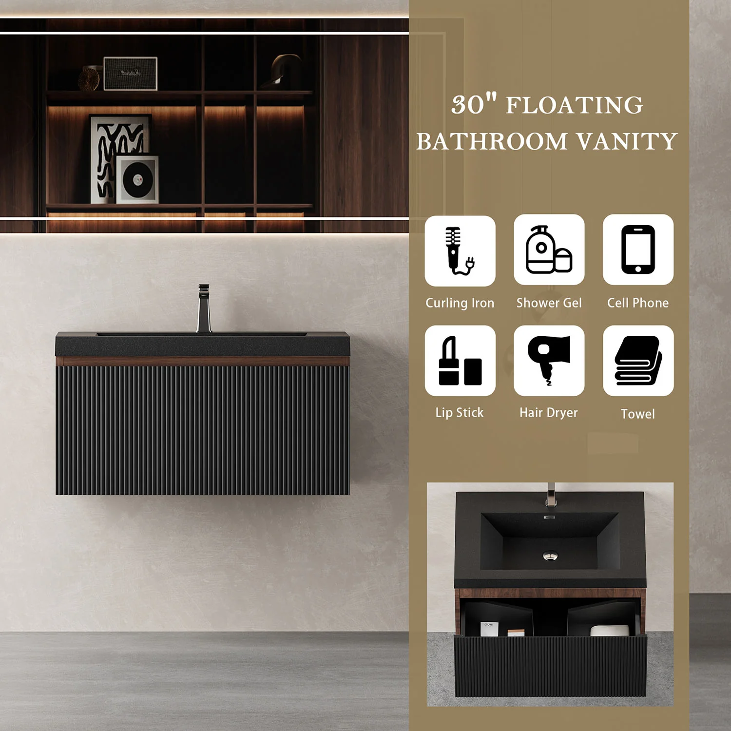 30" Walnut & Black Fluted Design Floating Vanity with Single-Hole Quartz Sand Sink - Image 7