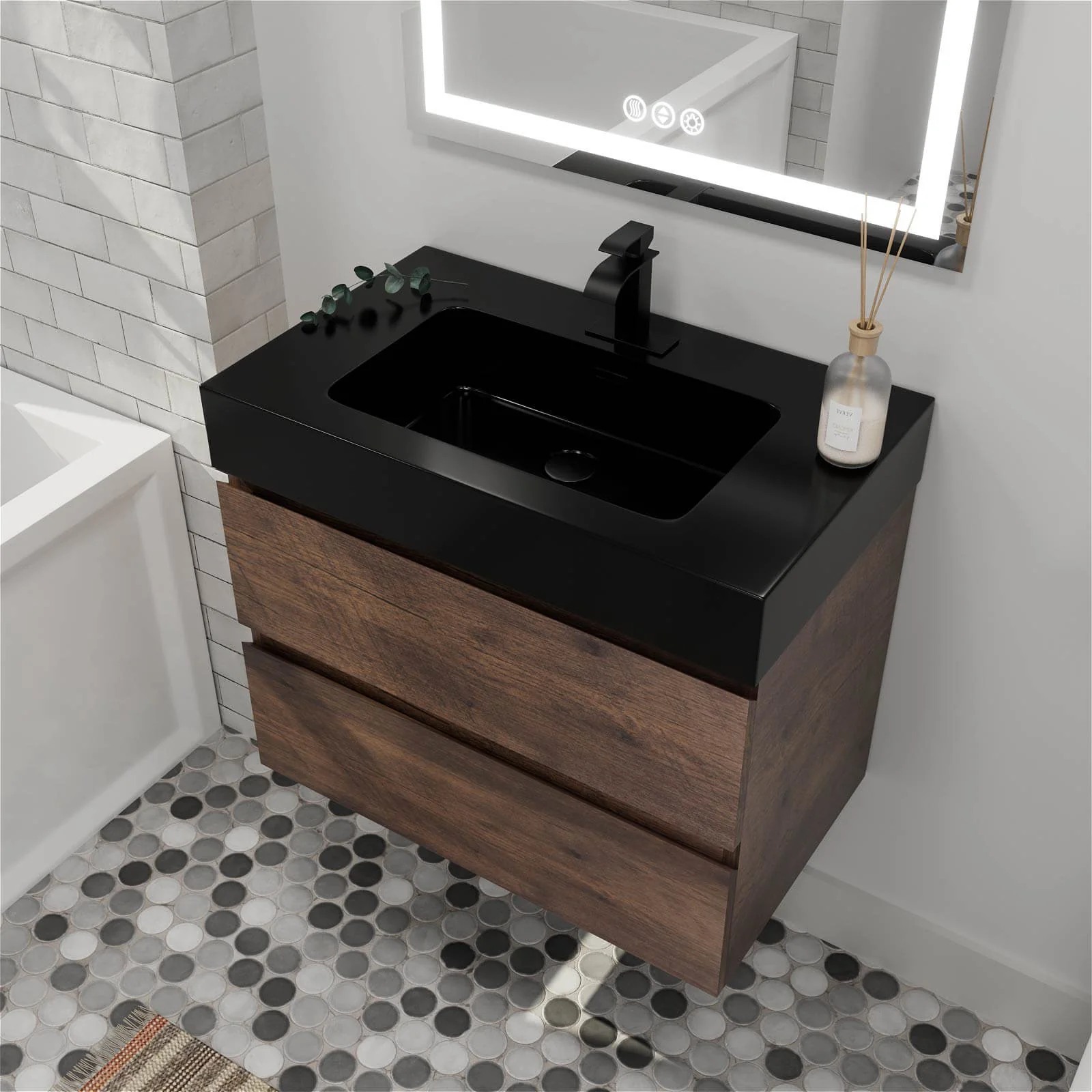 30" Walnut Contemporary Floating Bathroom Vanity - Image 4