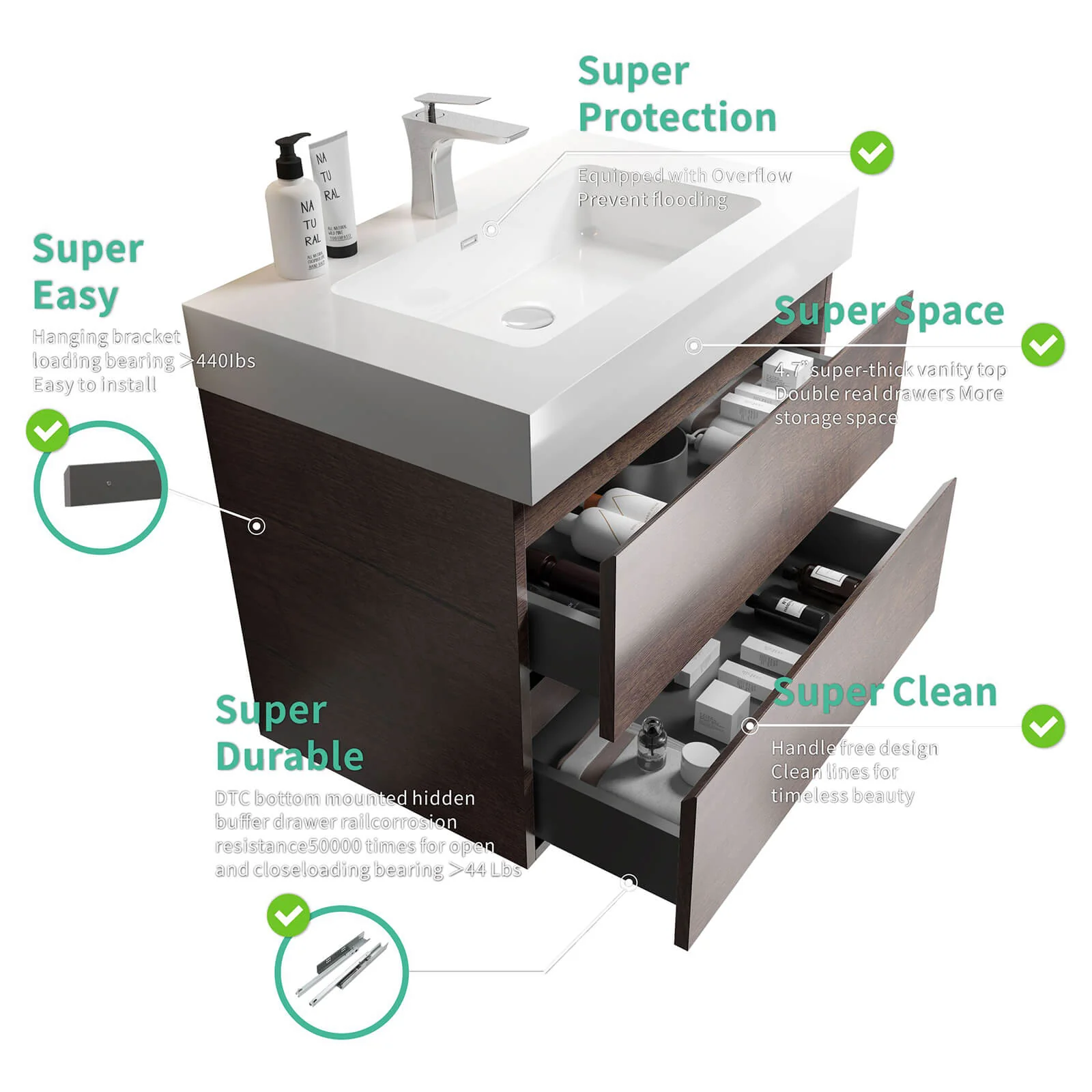 30" Walnut Wall-Mounted Bathroom Vanity Unit - Image 7