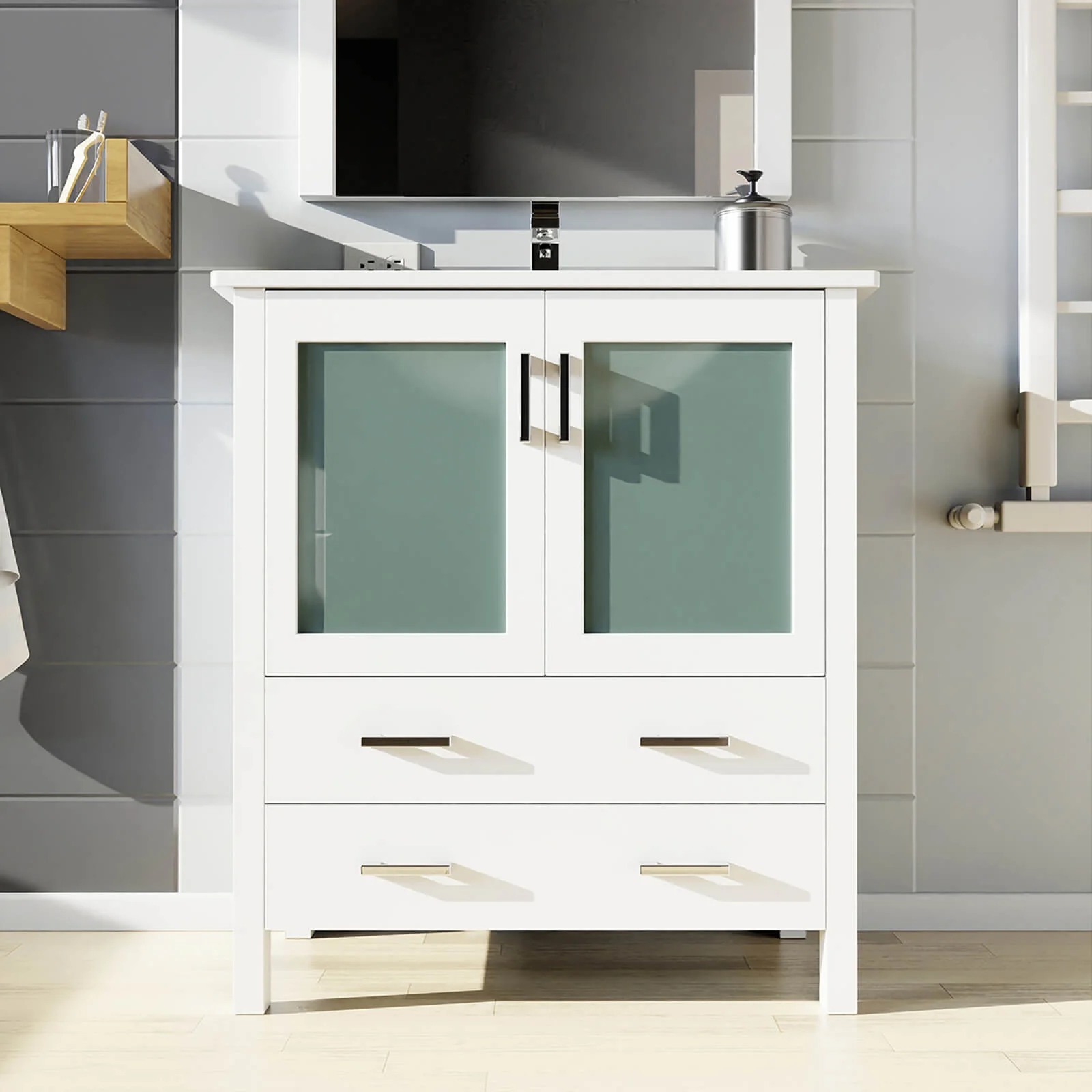 30" White Bathroom Vanity with Bottom Drawer and Glass Doors
