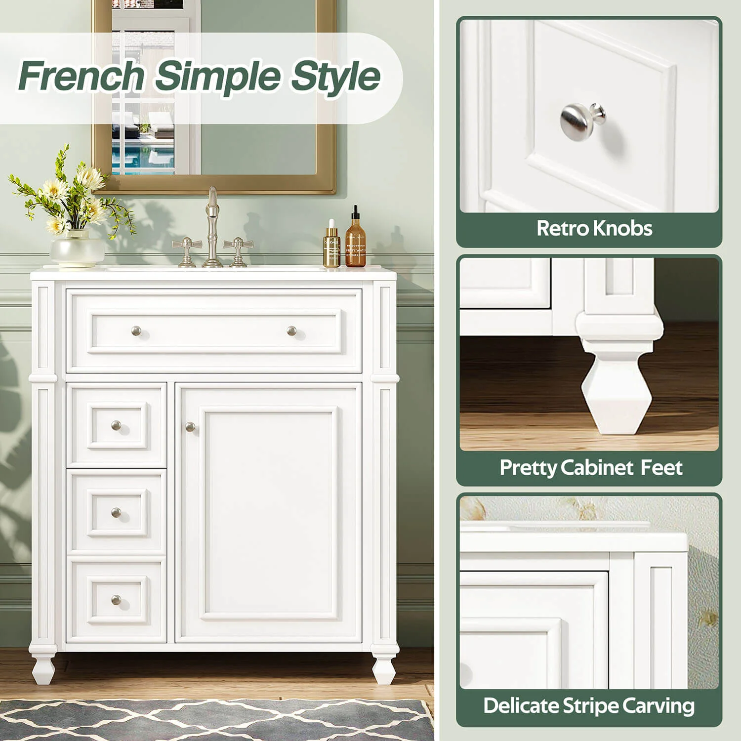 30" White Bathroom Vanity with Ceramic Basin and Soft Close Doors - Image 4