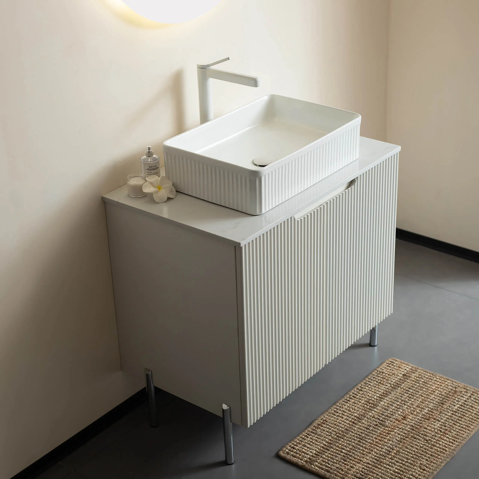 30" White Fluted Design Freestanding Bathroom Vanity