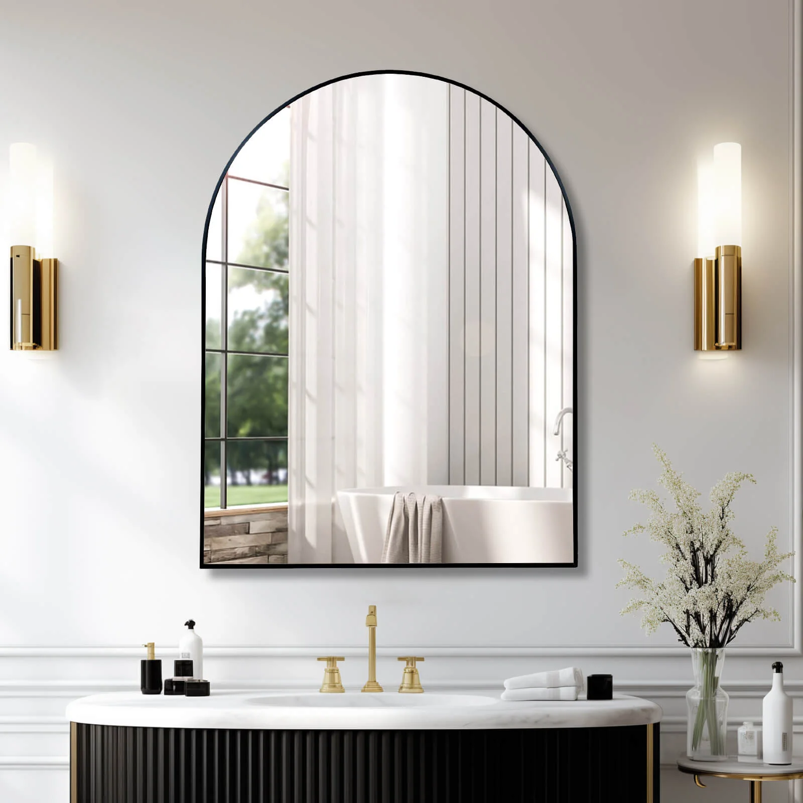 30" x 40" Arched Mirror with Black Metal Frame
