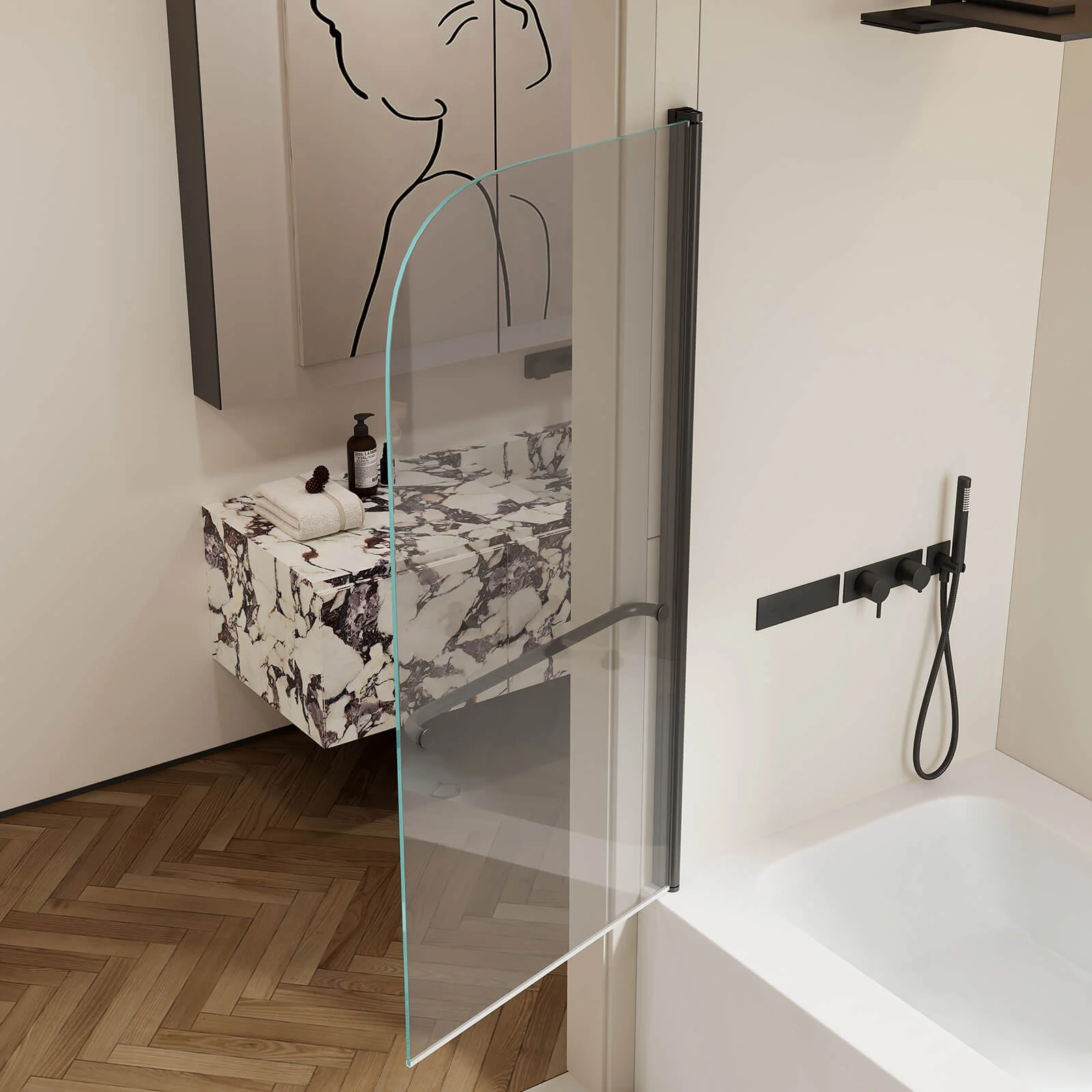 30" x 58" Matte Black Bathtub Pivot Shower Door - Image 2