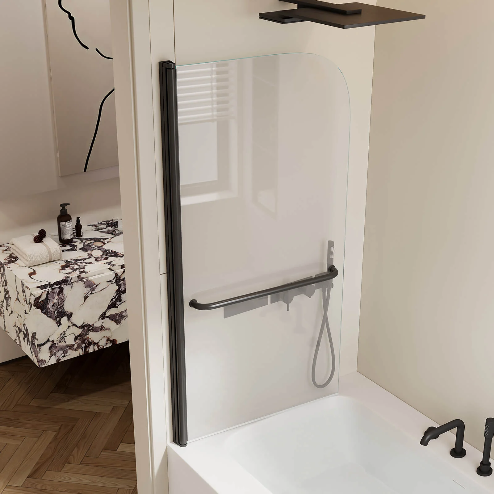 30" x 58" Matte Black Bathtub Pivot Shower Door - Image 3