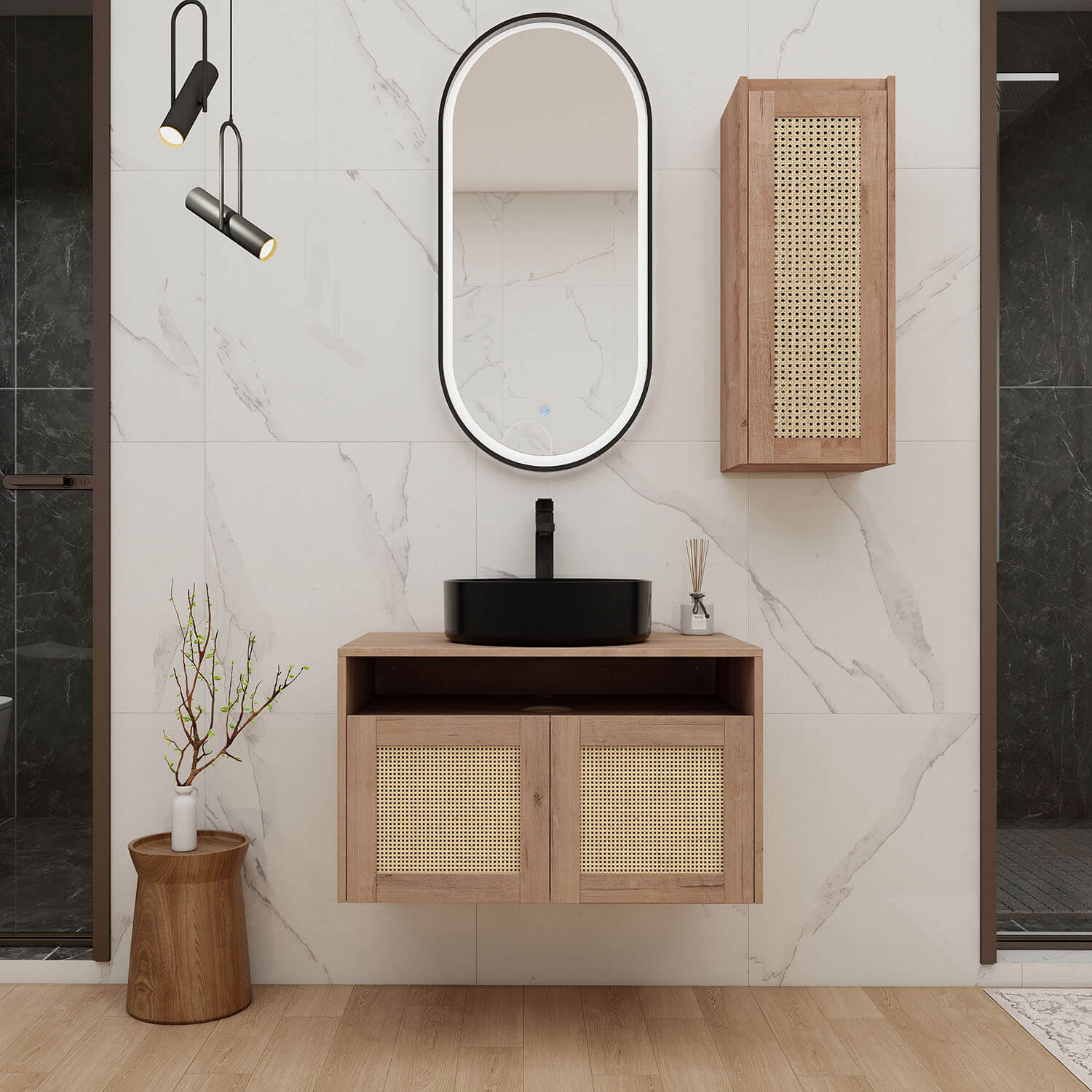 30" Bathroom Vanity with Black Ceramic Sink and 12" Wall-Mounted Cabinet
