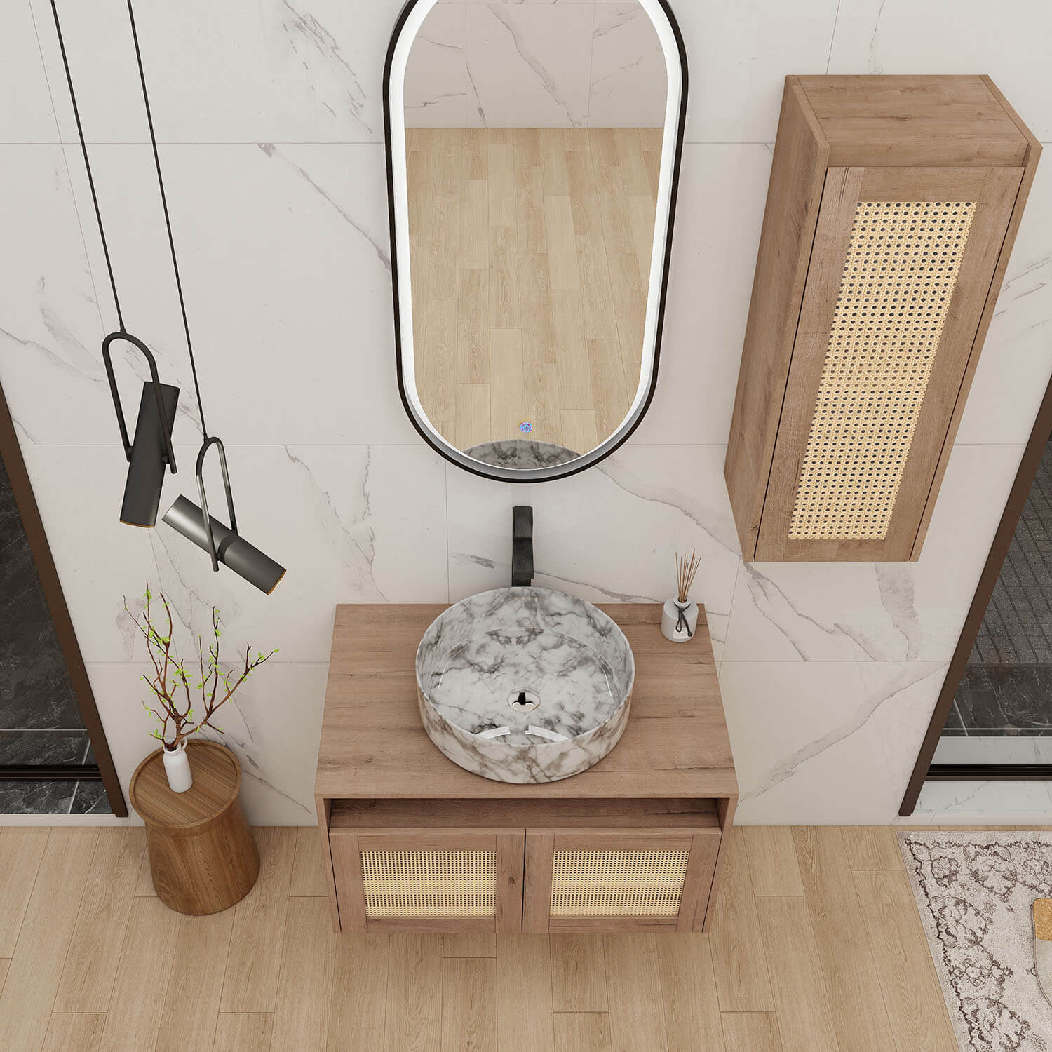 30" Bathroom Vanity with Marble-Veined Ceramic Sink and 12" Wall-Mounted Cabinet - Image 2