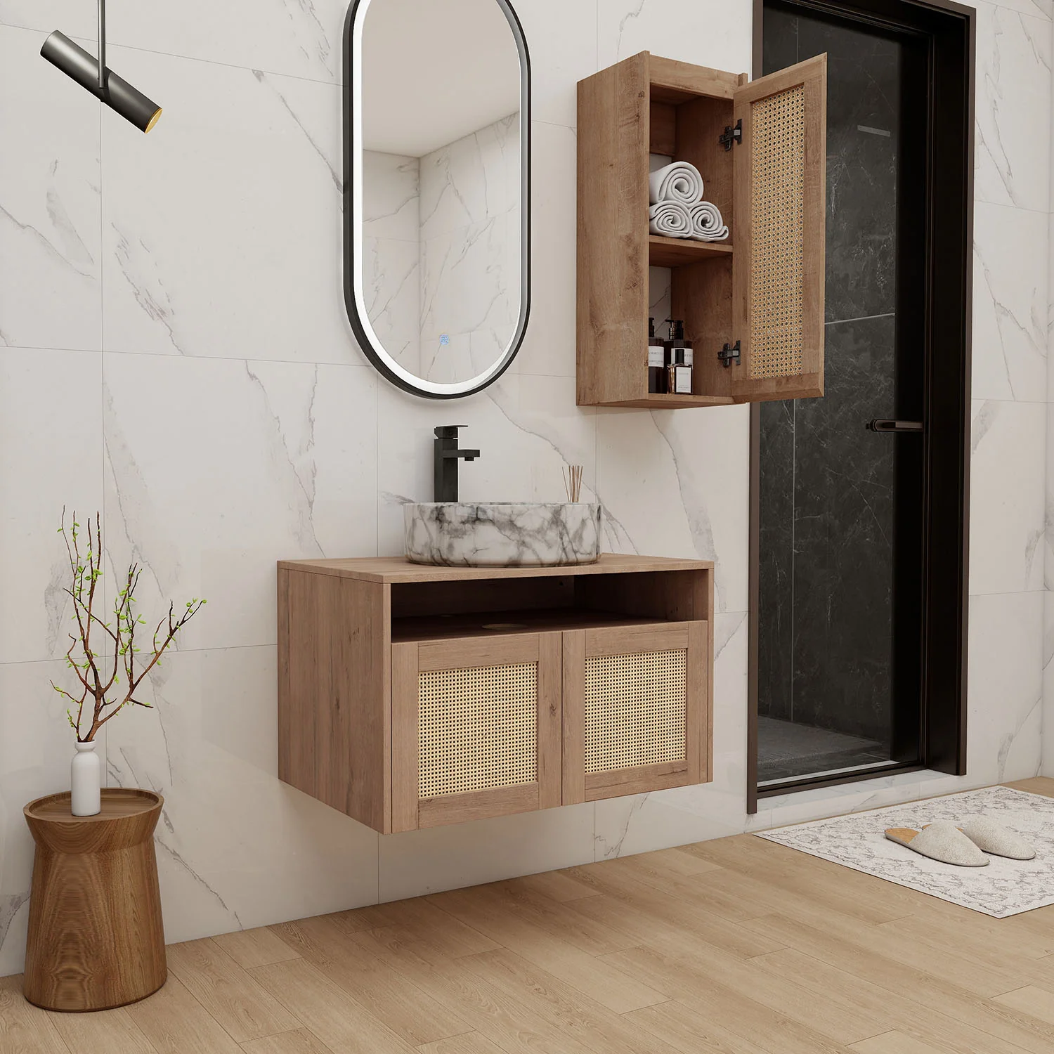 30" Bathroom Vanity with Marble-Veined Ceramic Sink and 12" Wall-Mounted Cabinet - Image 3