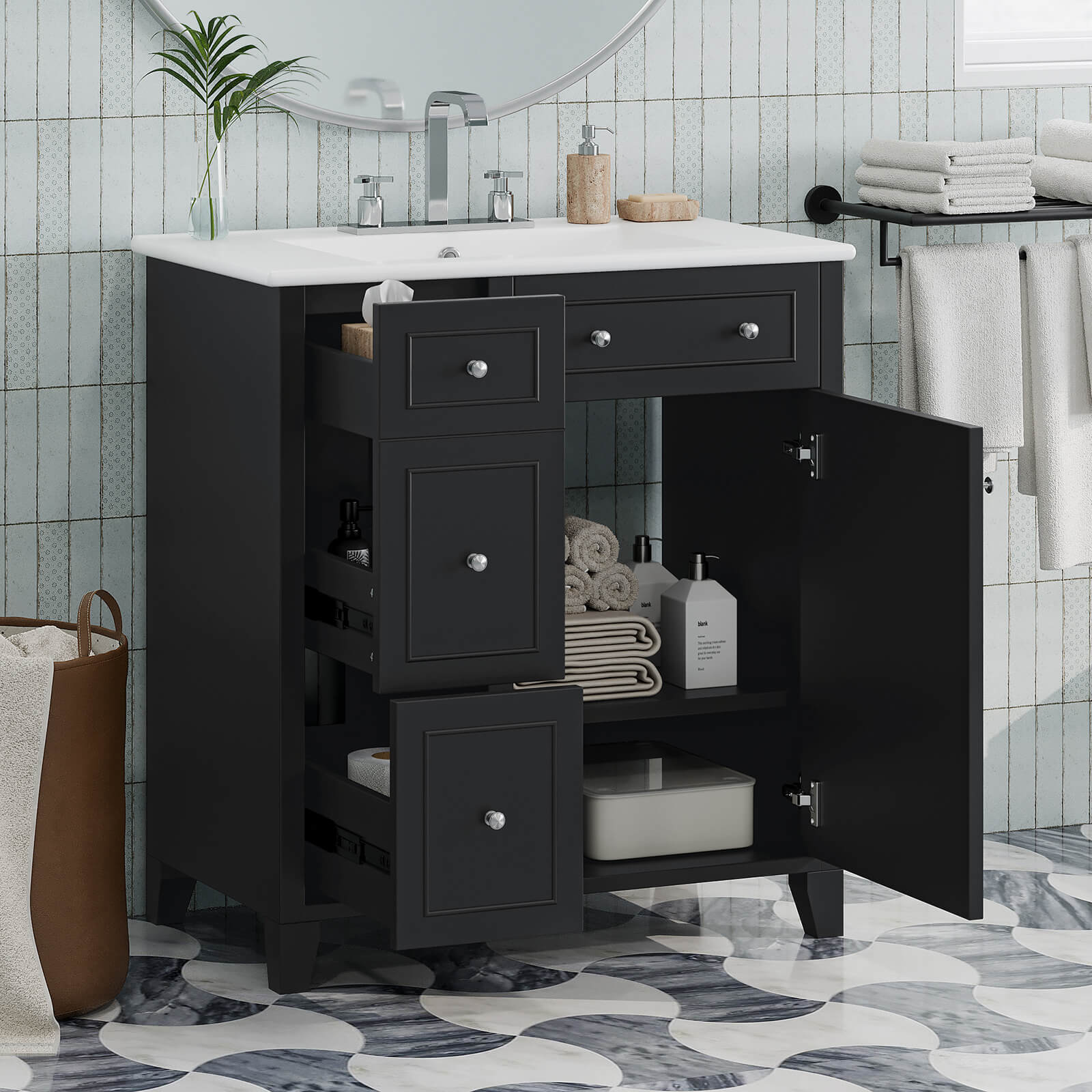 30" Black Bathroom Vanity with 2 Left-Side Drawers - Image 2