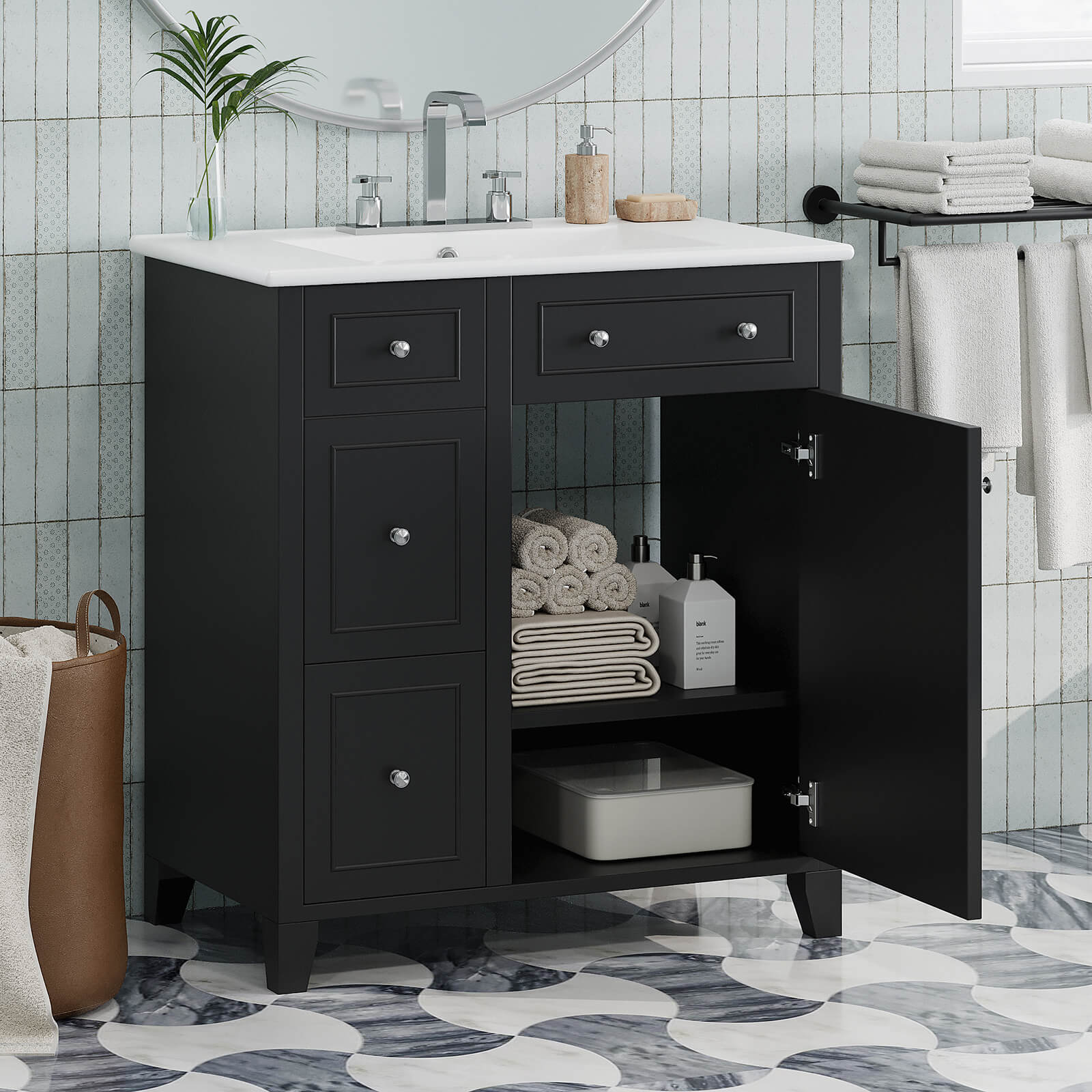 30" Black Bathroom Vanity with 2 Left-Side Drawers - Image 3