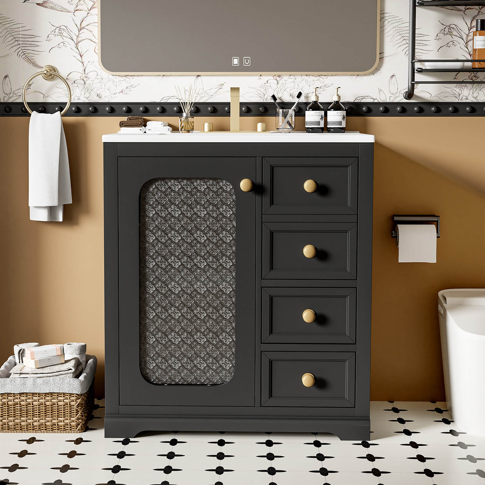 30" Black Bathroom Vanity with Frosted Glass Door