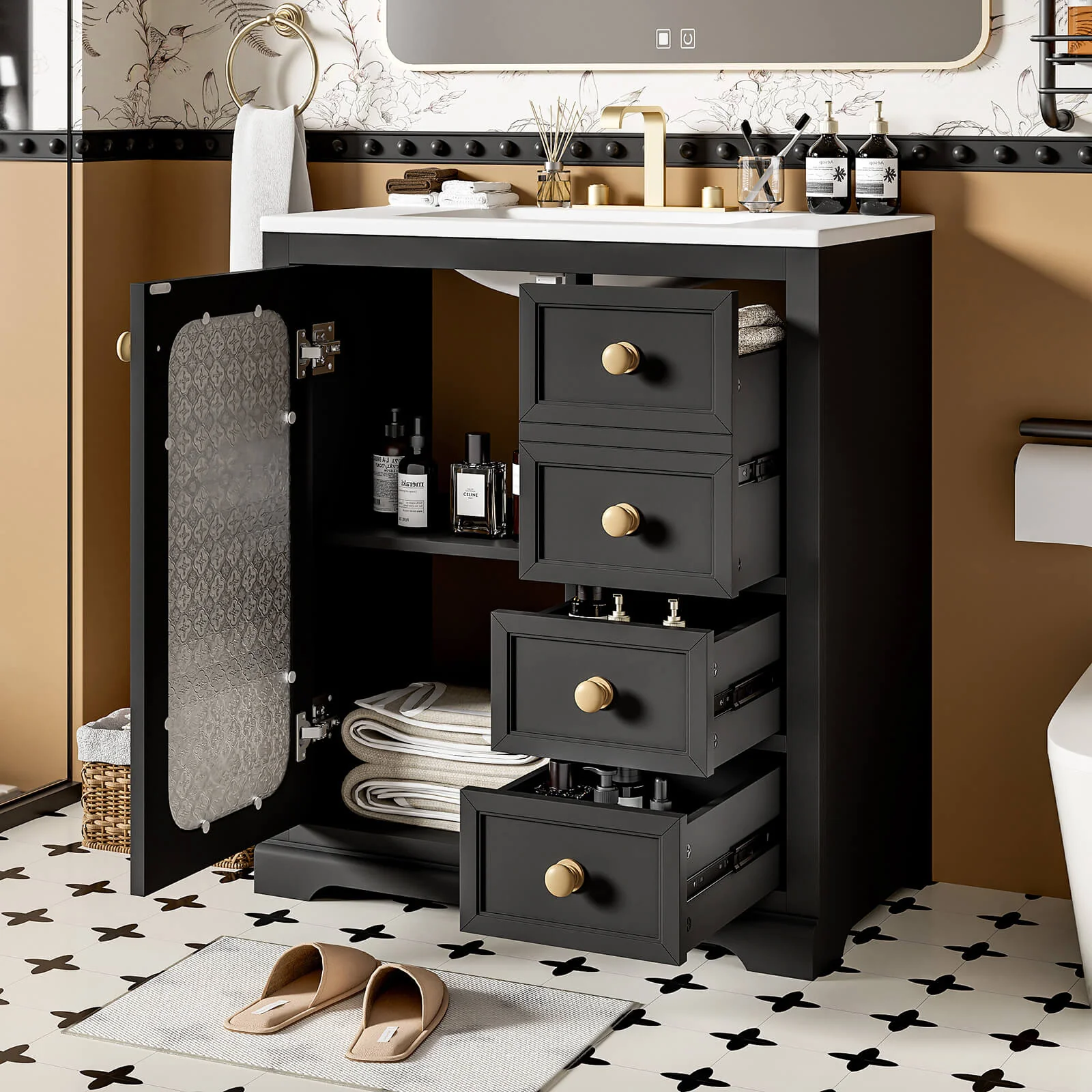 30" Black Bathroom Vanity with Frosted Glass Door - Image 2