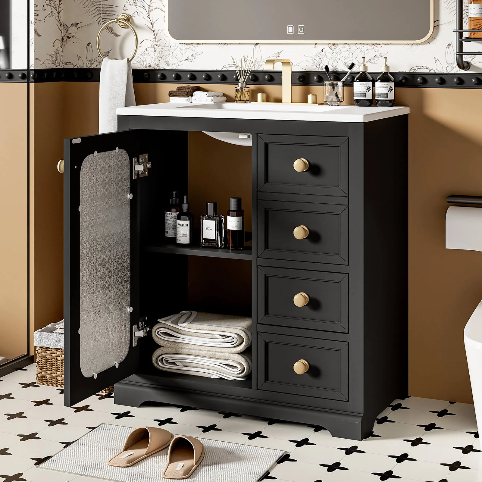 30" Black Bathroom Vanity with Frosted Glass Door - Image 3