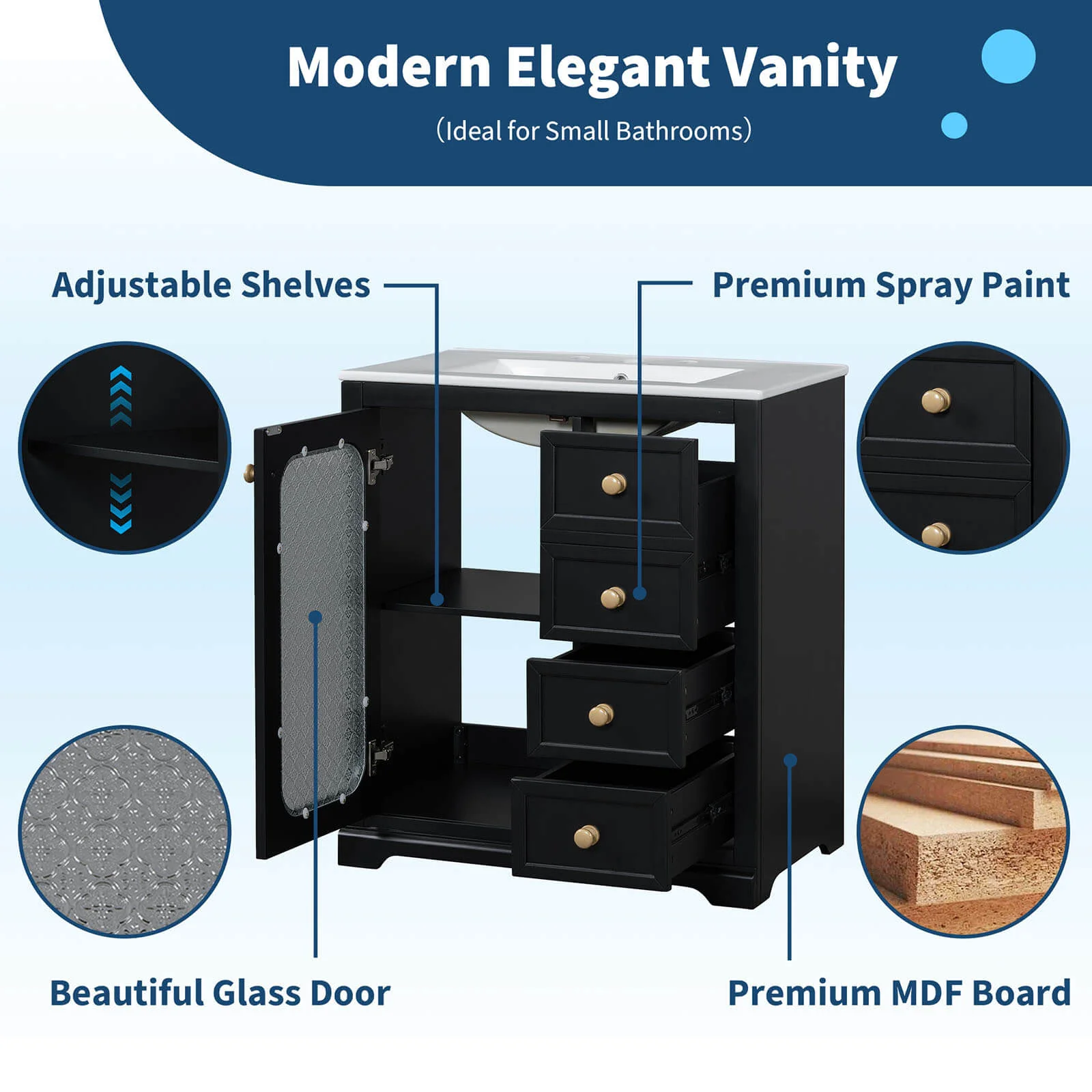 30" Black Bathroom Vanity with Frosted Glass Door - Image 4