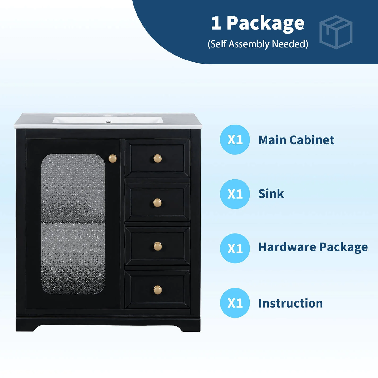30" Black Bathroom Vanity with Frosted Glass Door - Image 8