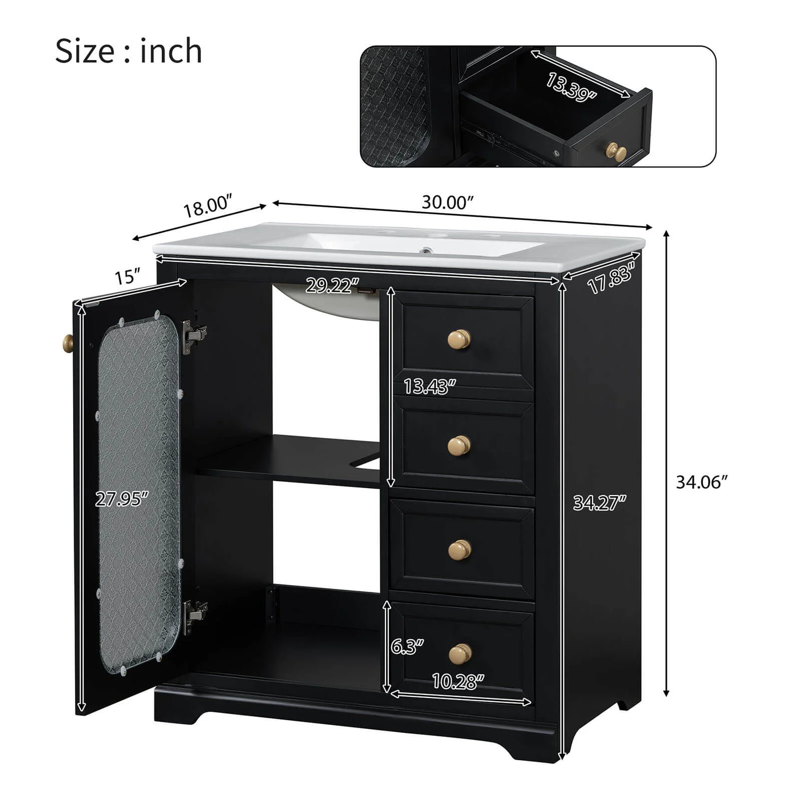 30" Black Bathroom Vanity with Frosted Glass Door - Image 9