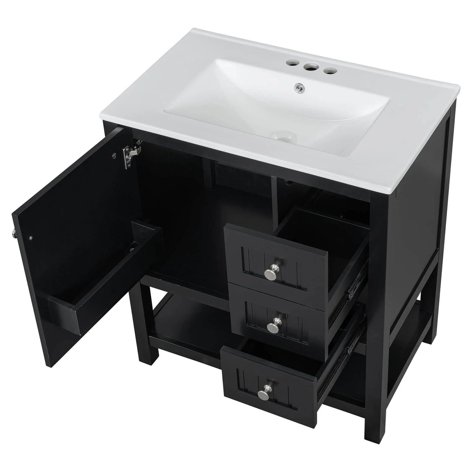 30" Black Freestanding Bathroom Vanity with Open Shelves - Image 14