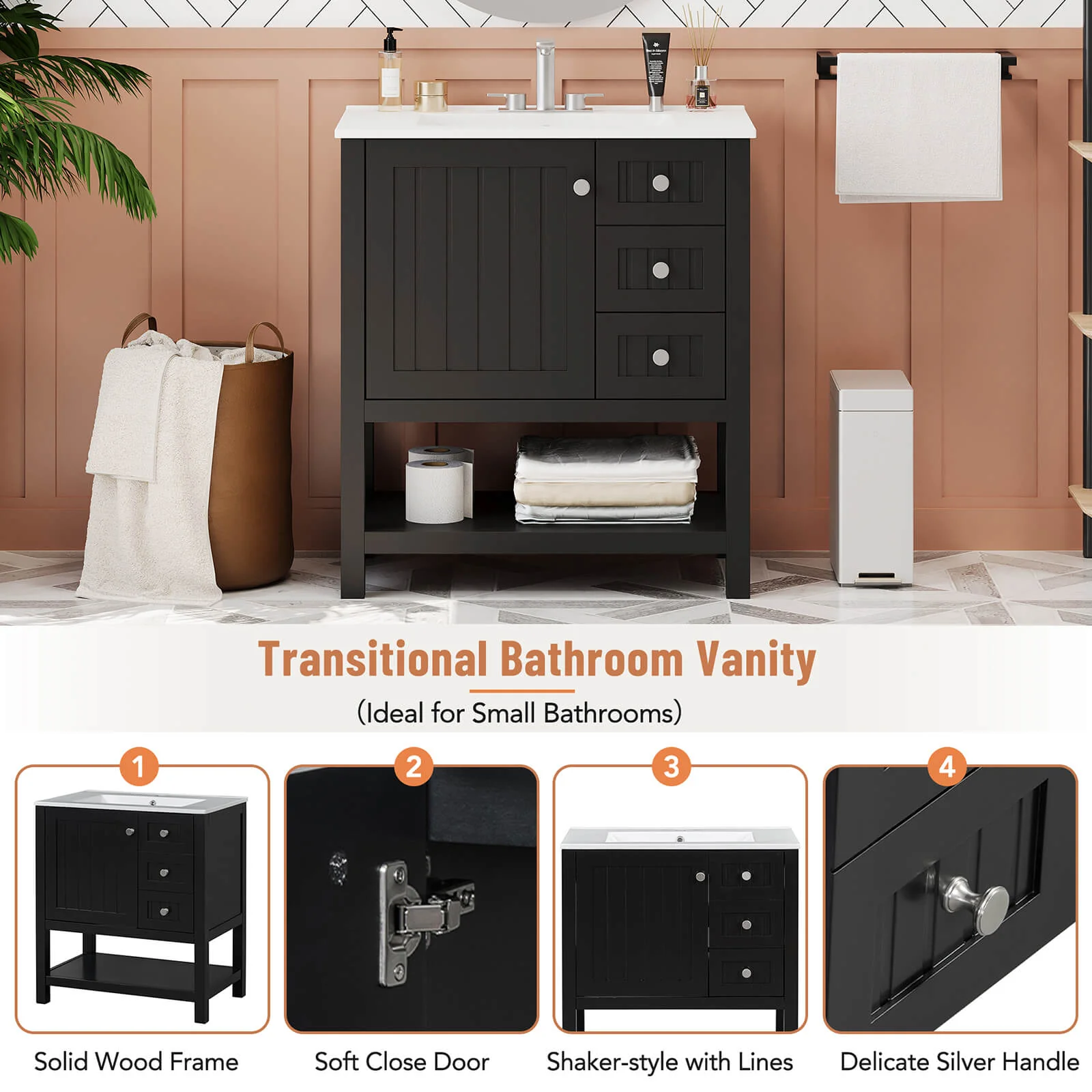 30" Black Freestanding Bathroom Vanity with Open Shelves - Image 4