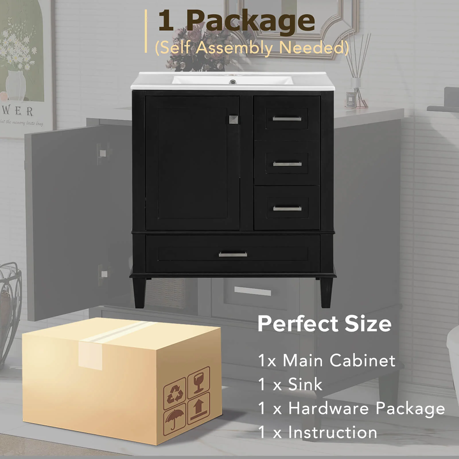 30" Black Solid Wood Bathroom Vanity with Top - Image 7