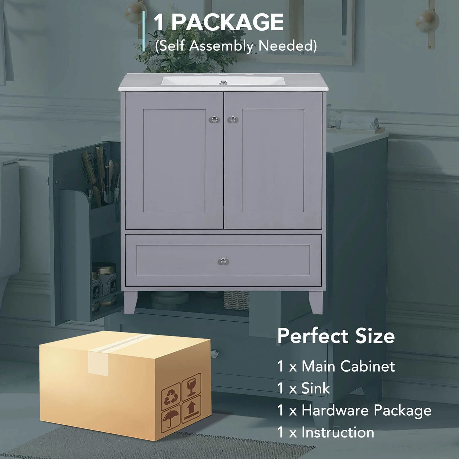 30" Compact Traditional Gray Bathroom Vanity - Image 7