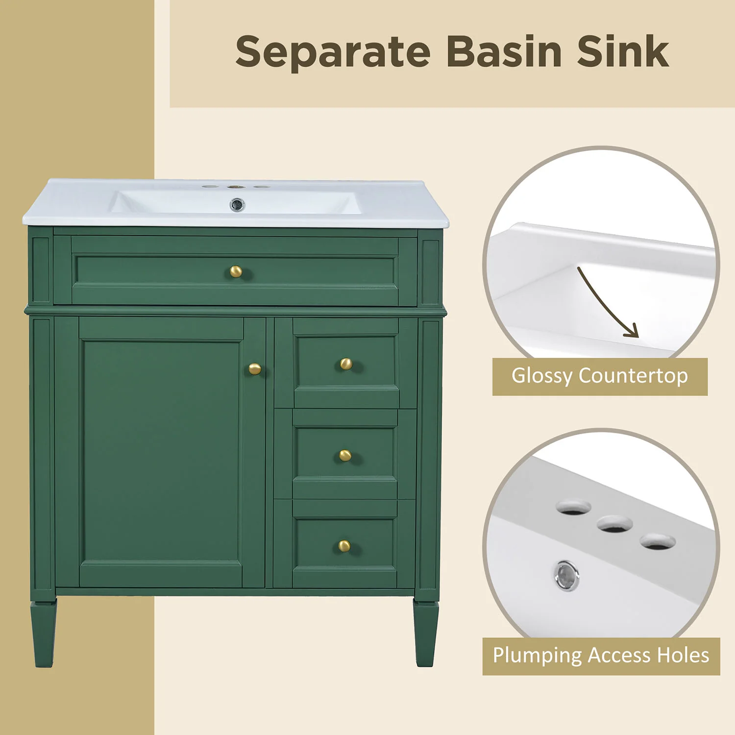 30" Deep Green Freestanding Bathroom Vanity with Flip-Out Tray - Image 5